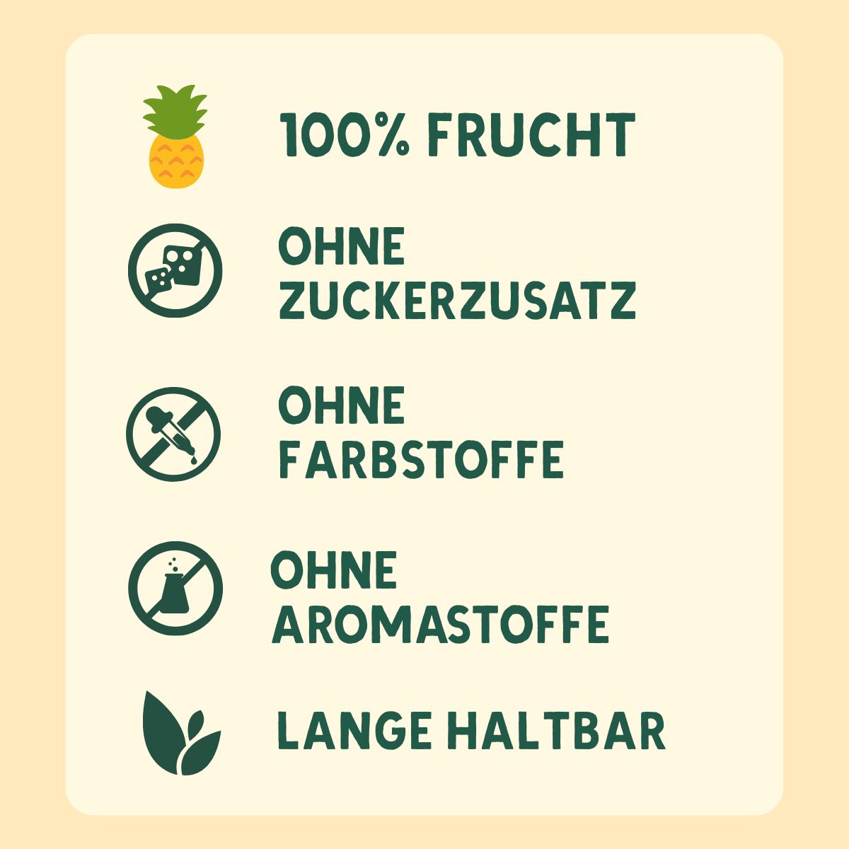 Infografik mit Text: 100% Frucht, ohne Zuckerzusatz, ohne Farbstoffe, ohne Aromastoffe, lange haltbar. Grüner Hintergrund.