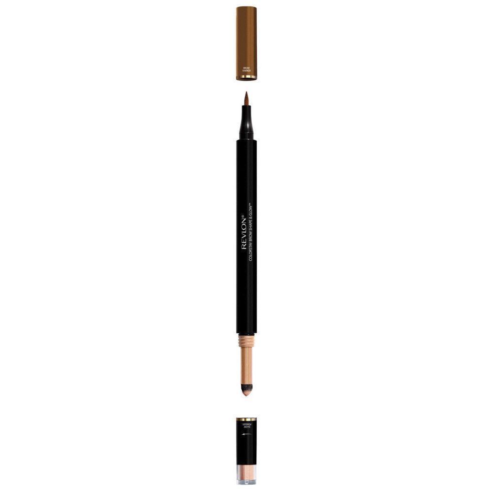 Revlon ColorStay Brow Shape & Glow Augenbrauenstift, geteilt. Schwarzer Stift mit brauner Spitze und hellbrauner Spitze. Zwei Kappen.