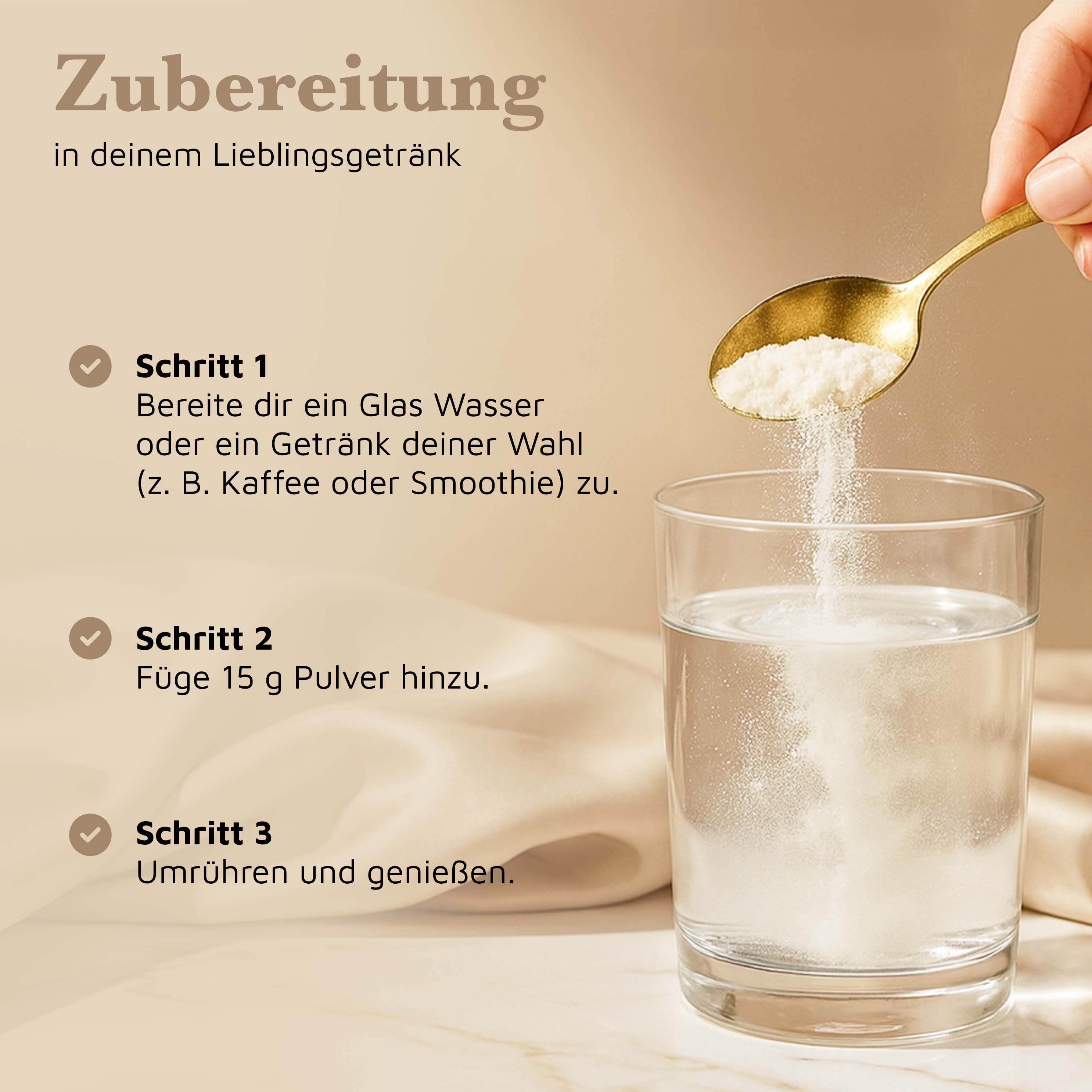 Anleitung zur Zubereitung in drei Schritten. Pulver wird in Wasser gegeben.