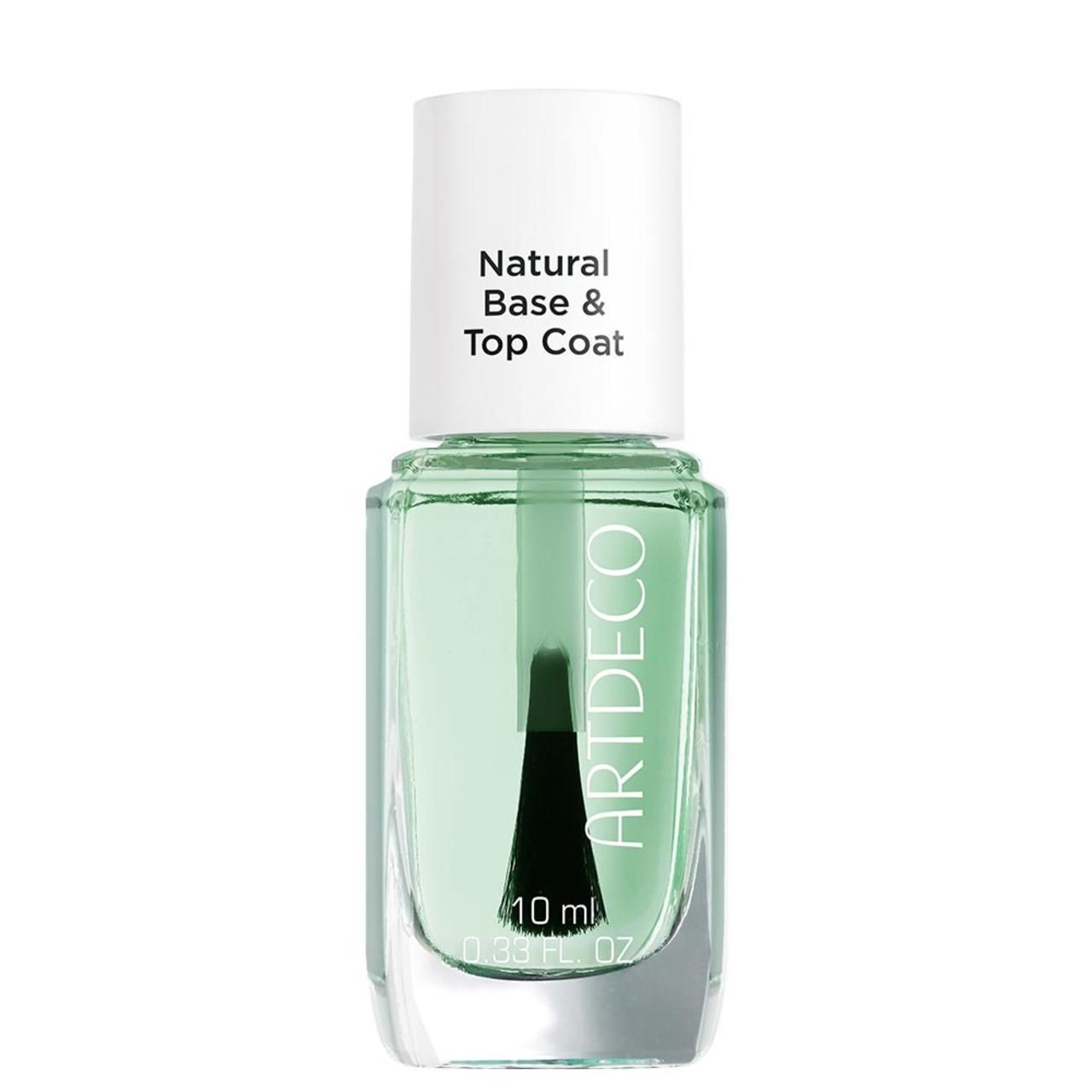 Klare Nagellackflasche mit weißem Deckel. Beschriftung: Natural Base & Top Coat, Artdeco, 10 ml.