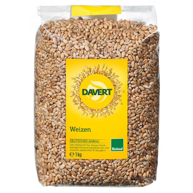 Transparente Verpackung mit Weizenkörnern. Gelbes Etikett mit "Davert"-Logo, "Weizen", "Deutscher Anbau" und "Bioland"-Siegel. Gewicht: 1 kg.