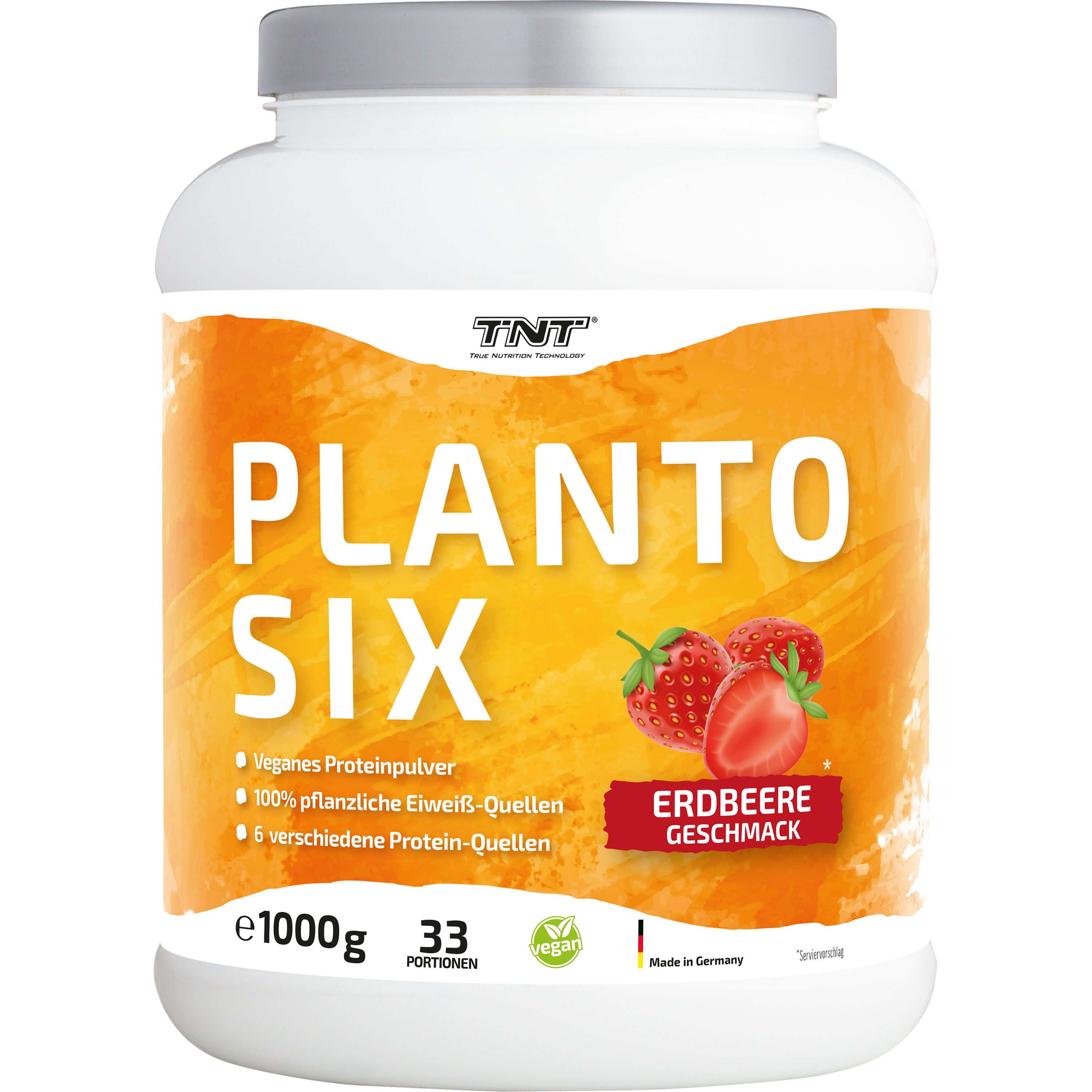 TNT Planto Six, veganes Mehrkomponenten Protein, super cremig und lecker im Erdbeere Geschmack