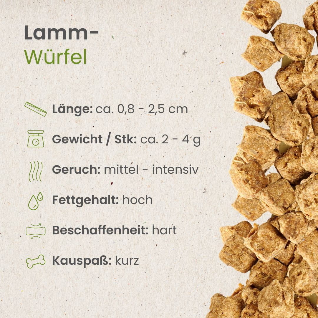 Lamm-Würfel: Länge 0,8-2,5 cm, Gewicht 2-4g, hart, kurzer Kauspaß.