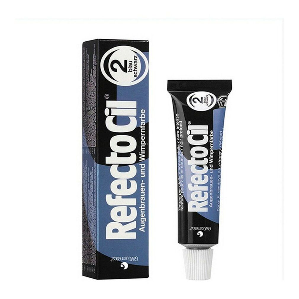 Refectocil Wimpernfarbe blauschwarz 2 Tube und Verpackung. Tube mit schwarzem Deckel. Verpackung mit Produktnamen und Inhaltsangaben.