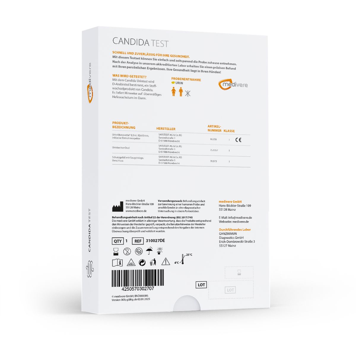 Rückseite der Verpackung mit Produktinformationen, Herstellerangaben und Piktogrammen.
