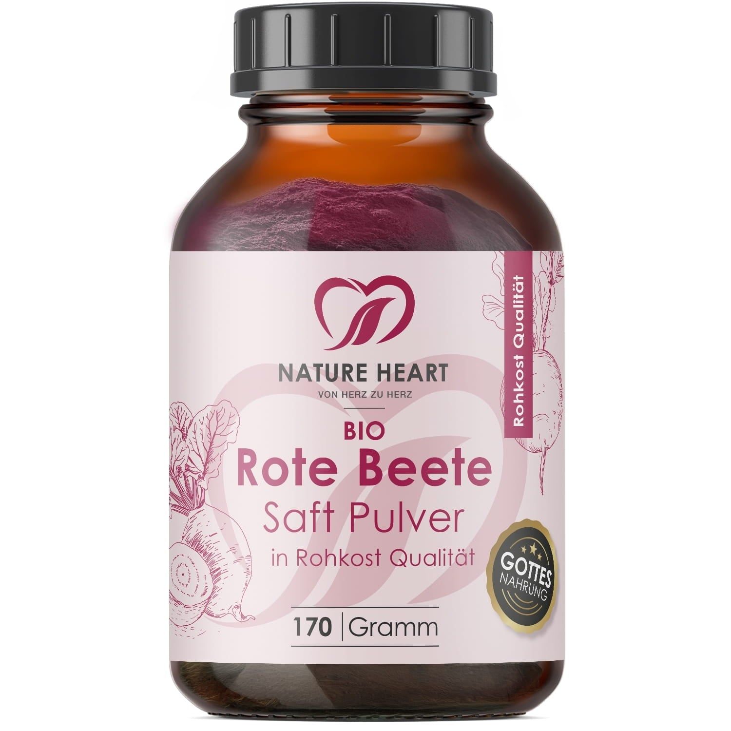 Braune Glasflasche mit schwarzem Deckel. Etikett mit Logo, Produktname und Inhaltsangabe. Siegel: Rohkost Qualität, Bio, Gottes Nahrung.