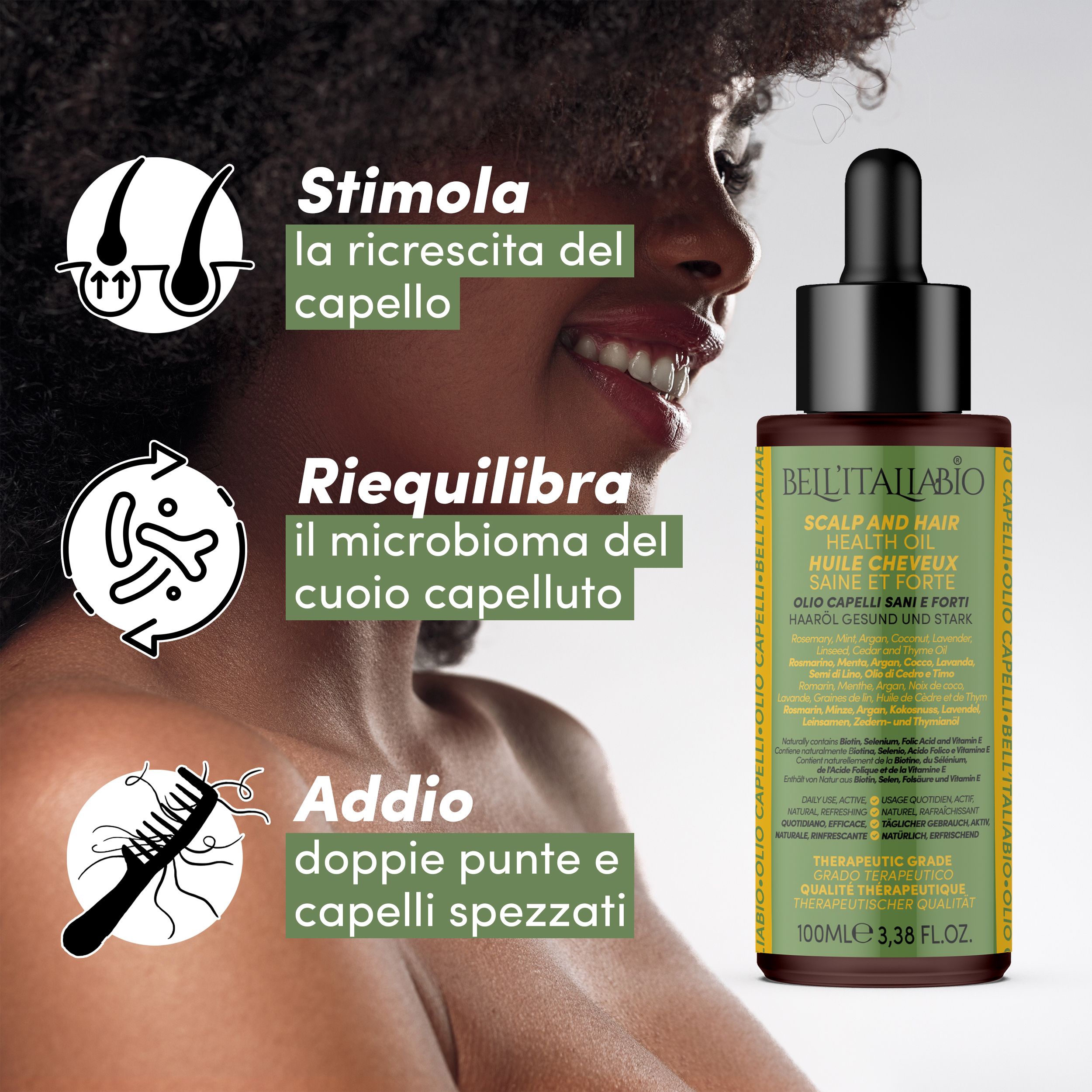 Haaröl-Flasche mit Tropfer. Text: Stimola la ricrescita del capello, Riequilibra il microbioma del cuoio capelluto, Addio doppie punte e capelli spezzati.