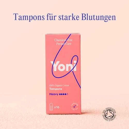 Rosa Schachtel mit Tampons. Aufschrift: Yoni, 100% Bio-Baumwolle, ohne Plastik & Duftstoffe. 16 Stück.