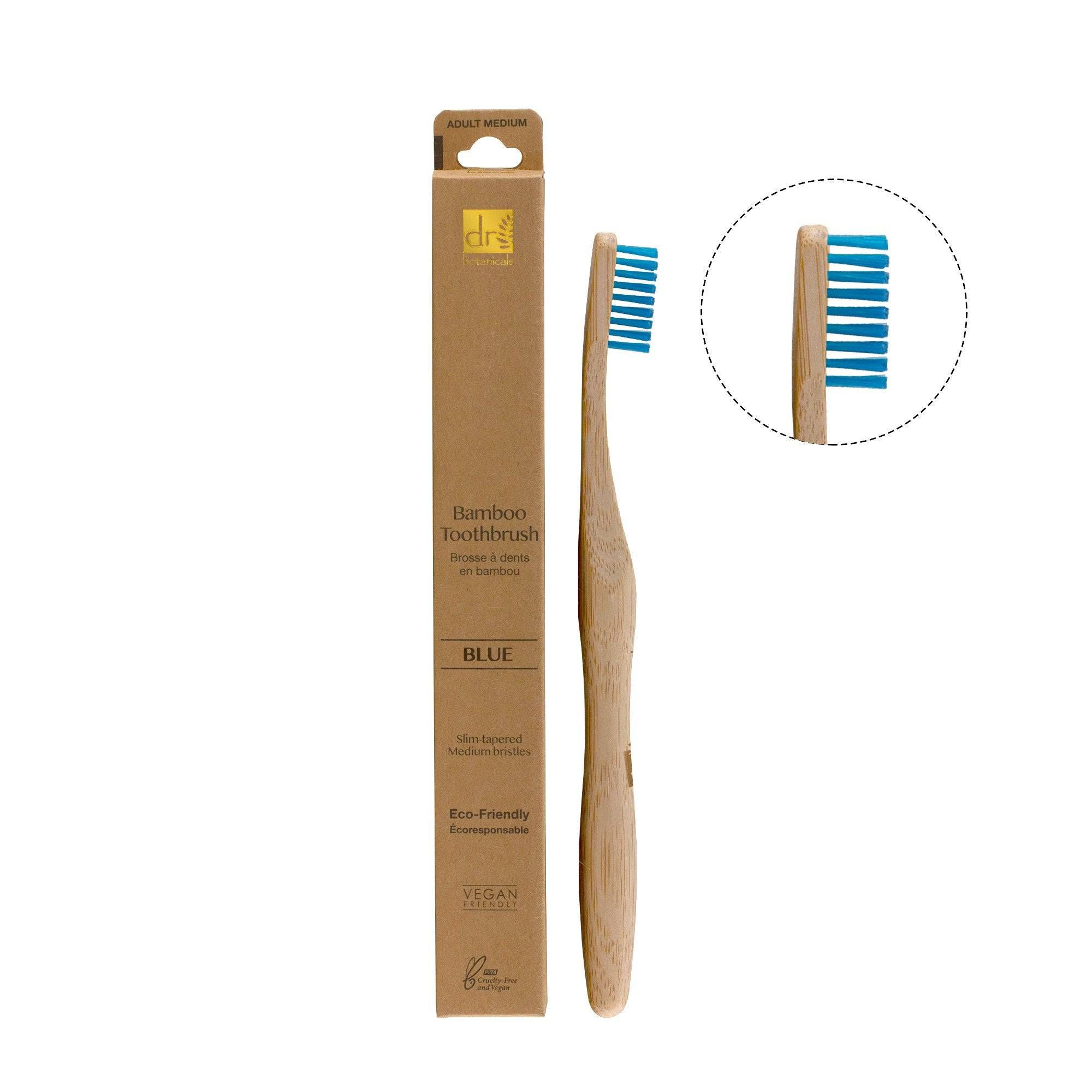 Bambus-Zahnbürste mit blauem Borstenkopf und brauner Verpackung. Aufdruck: Bamboo Toothbrush Blue.