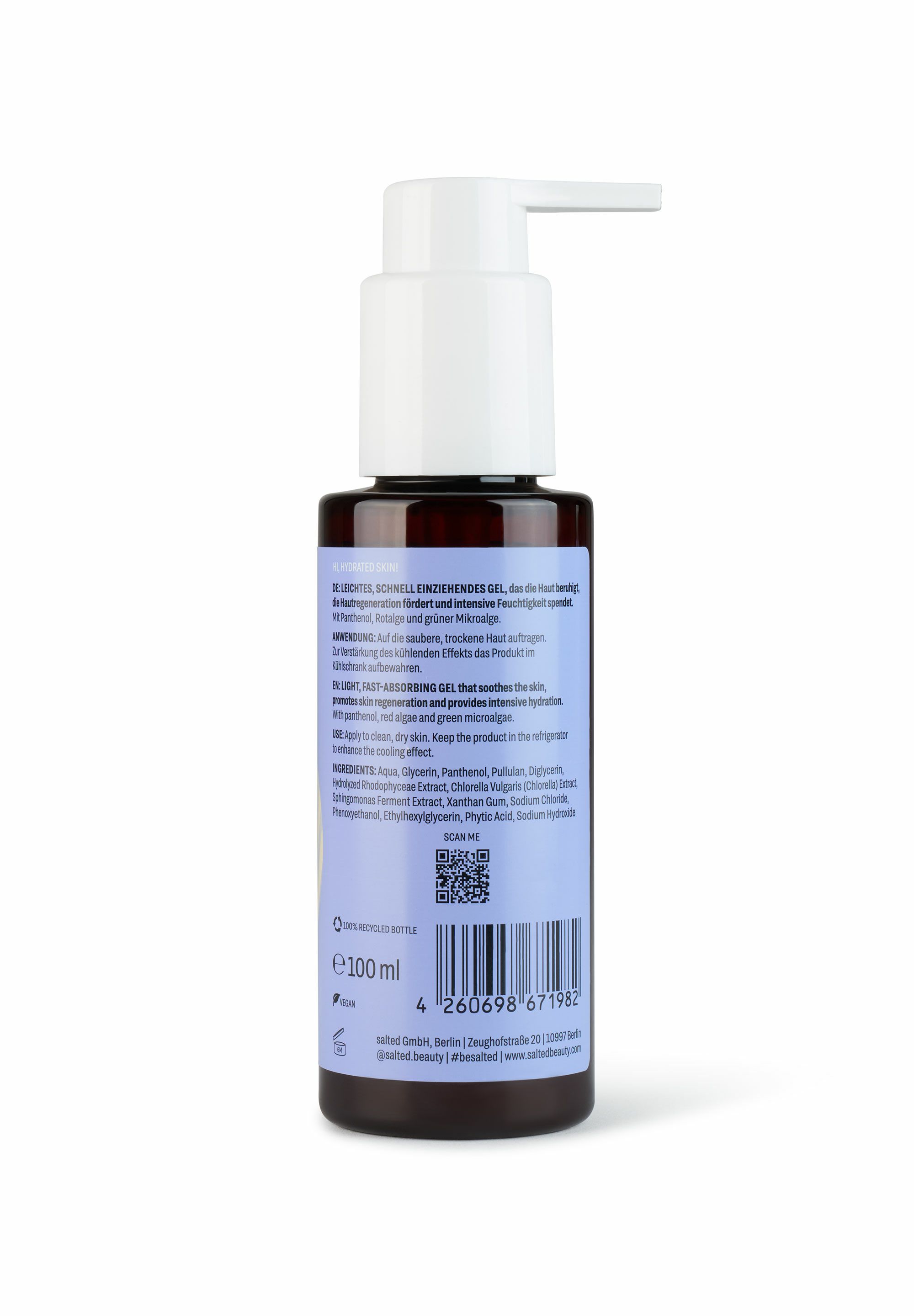 Braune Pumpflasche mit hellem Etikett und weißem Pumpspender. Enthält 100 ml.