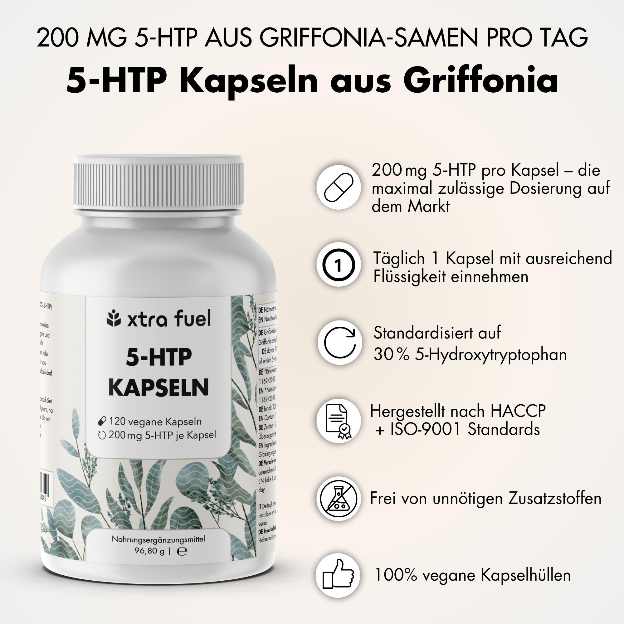 Weiße Flasche mit Etikett. Text: 5-HTP Kapseln aus Griffonia. 120 vegane Kapseln, 200mg pro Kapsel. Zusätzliche Informationen.