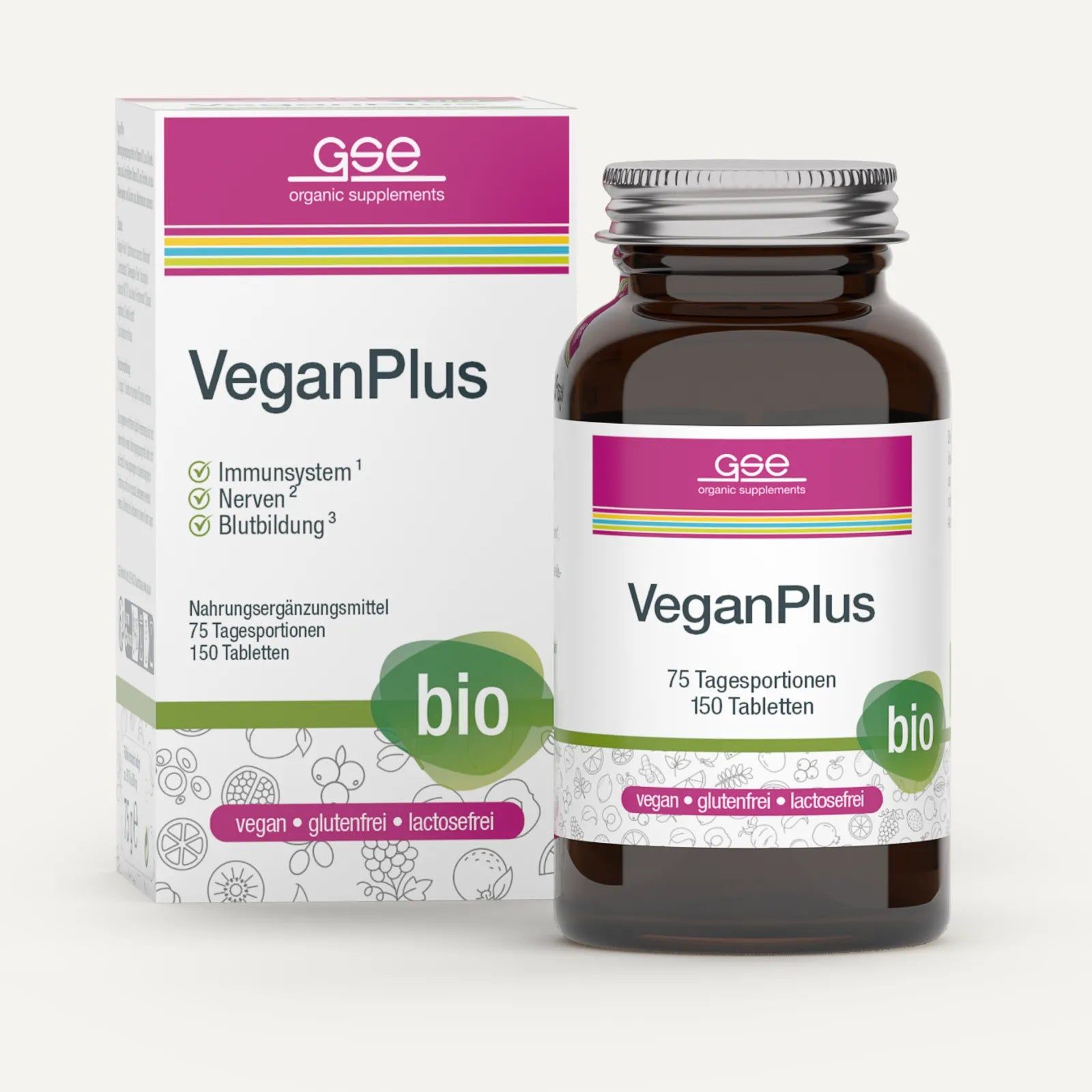 GSE VeganPlus, Tabletten in Braunglasflasche und Karton. Aufschrift: VeganPlus, bio. Vegan, glutenfrei, laktosefrei.