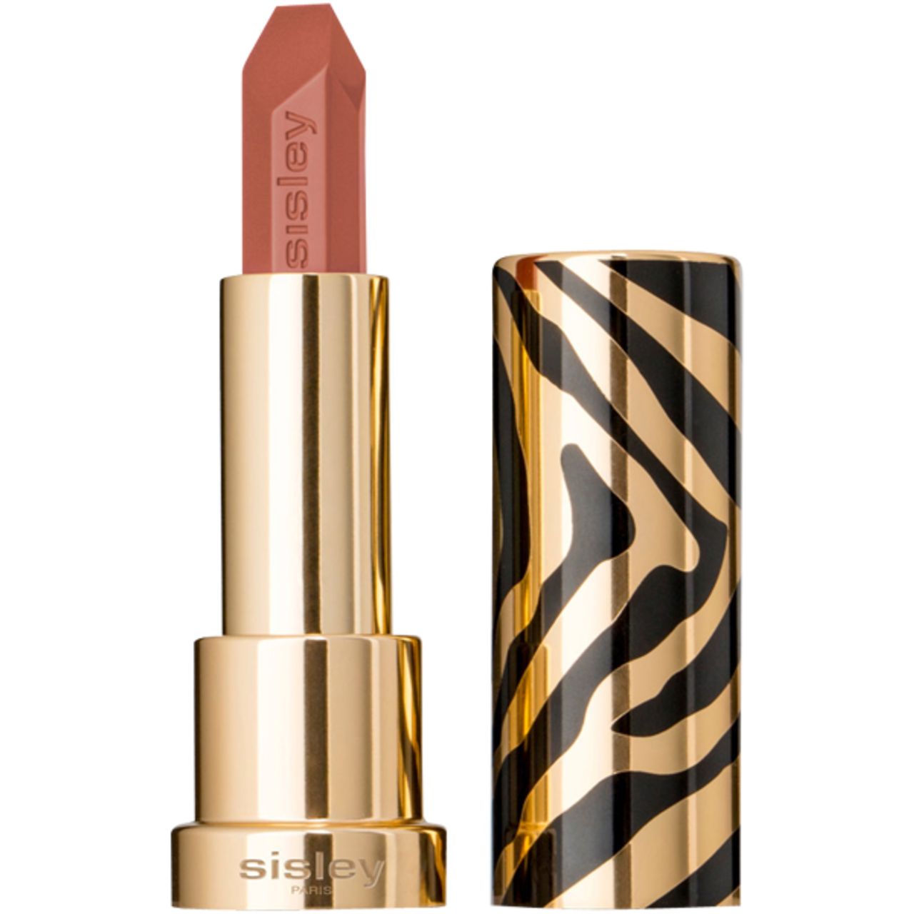 Lippenstift mit goldfarbenem Gehäuse und Zebra-Muster. Der Lippenstift ist geöffnet und zeigt eine rosafarbene Spitze. Sisley-Logo sichtbar.
