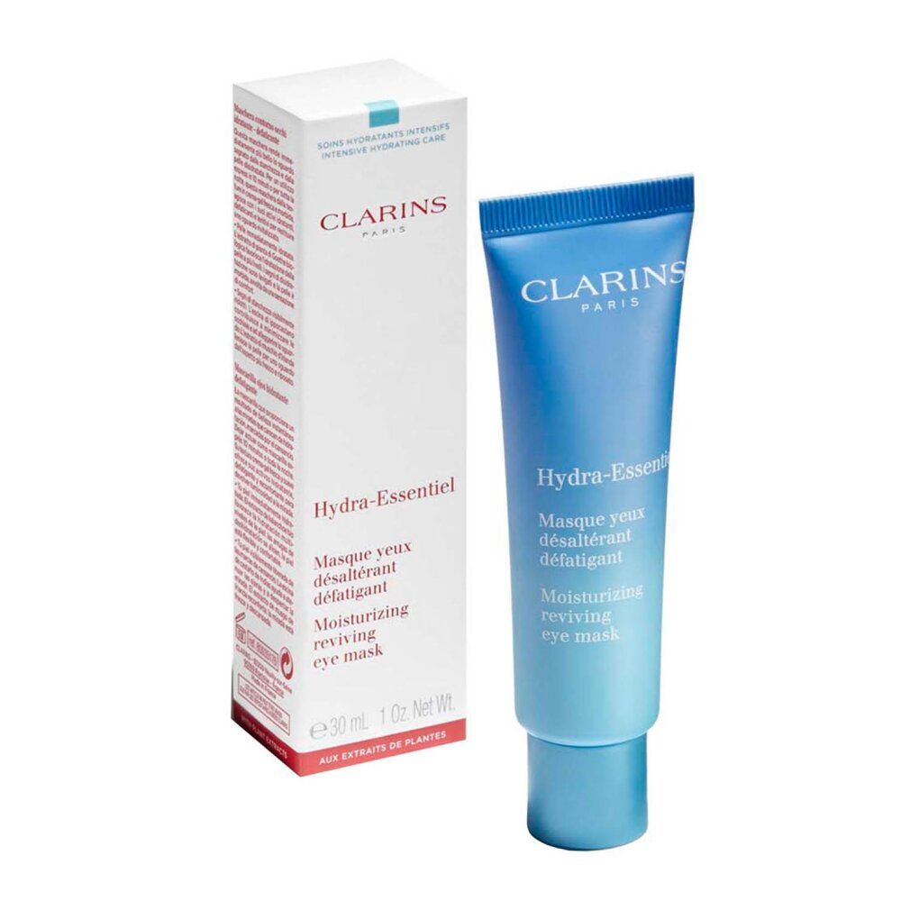 Clarins Hydra-Essentiel Augenmaske und Verpackung. Text: Moisturizing reviving eye mask.