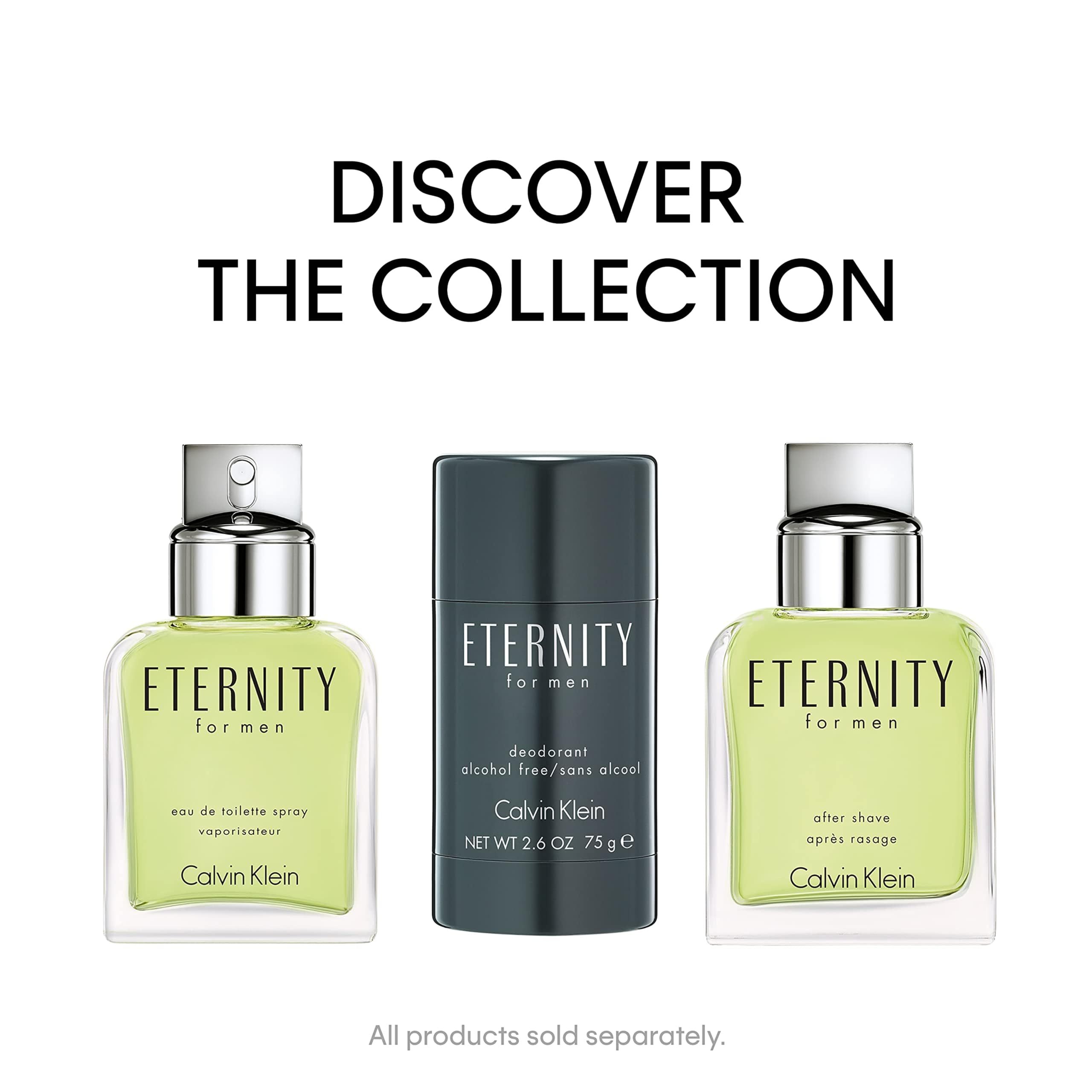 Drei Produkte: zwei Flakons und ein Deodorant-Stick. Auf den Flakons steht "ETERNITY FOR MEN". Auf dem Deodorant steht "ETERNITY" und "CALVIN KLEIN".