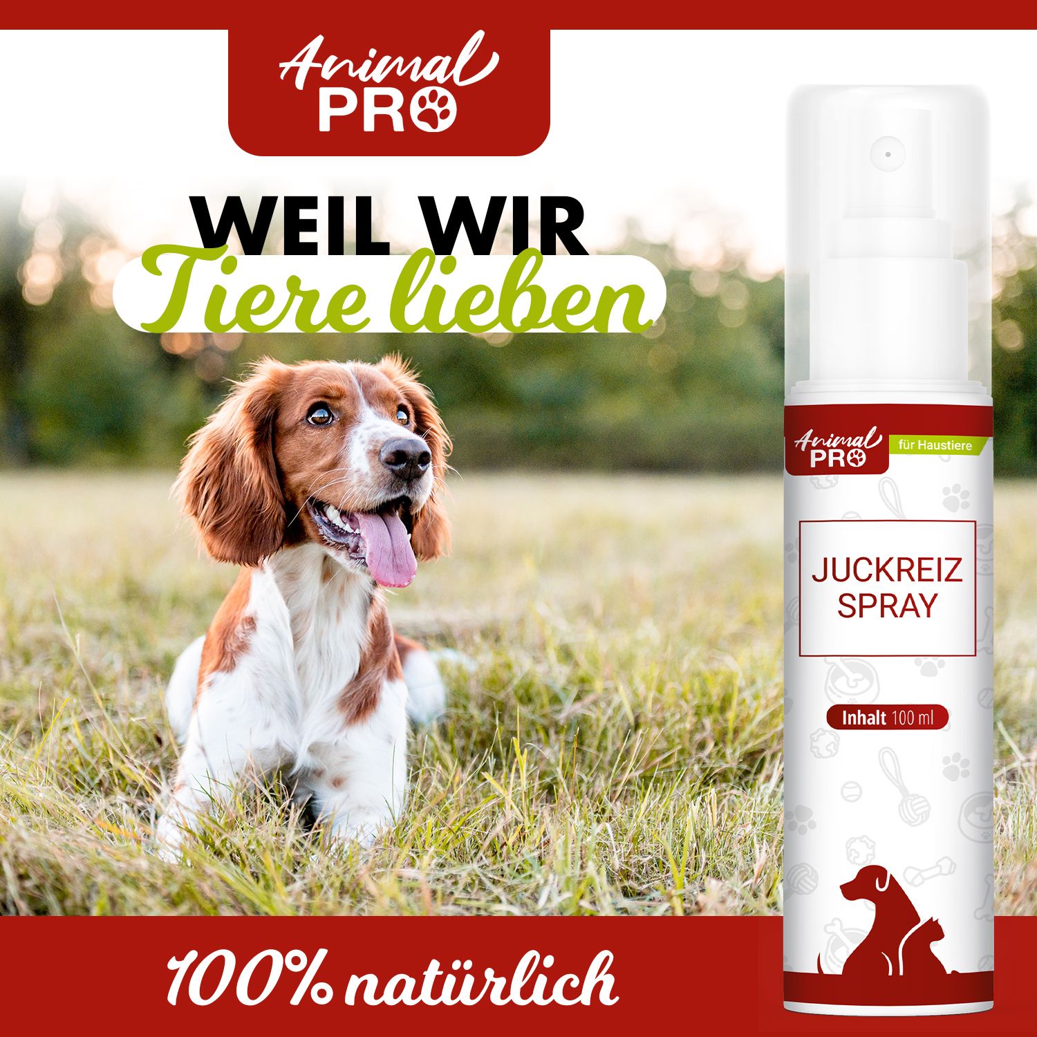 Hund im Gras mit Sprayflasche. Text: Animal Pro, Juckreiz Spray, 100% natürlich. Inhalt 100 ml.