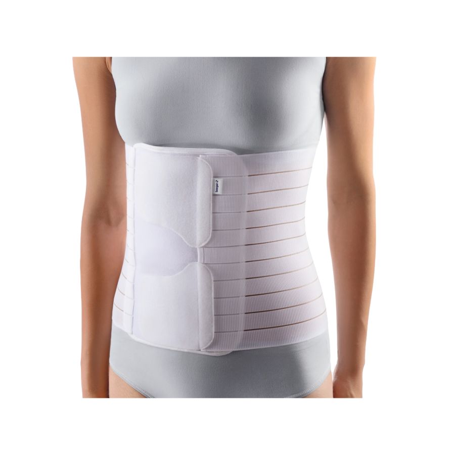 Abdominalbandage, weiß. Elastisches Material mit Klettverschluss. Gezeigt an einer Person.