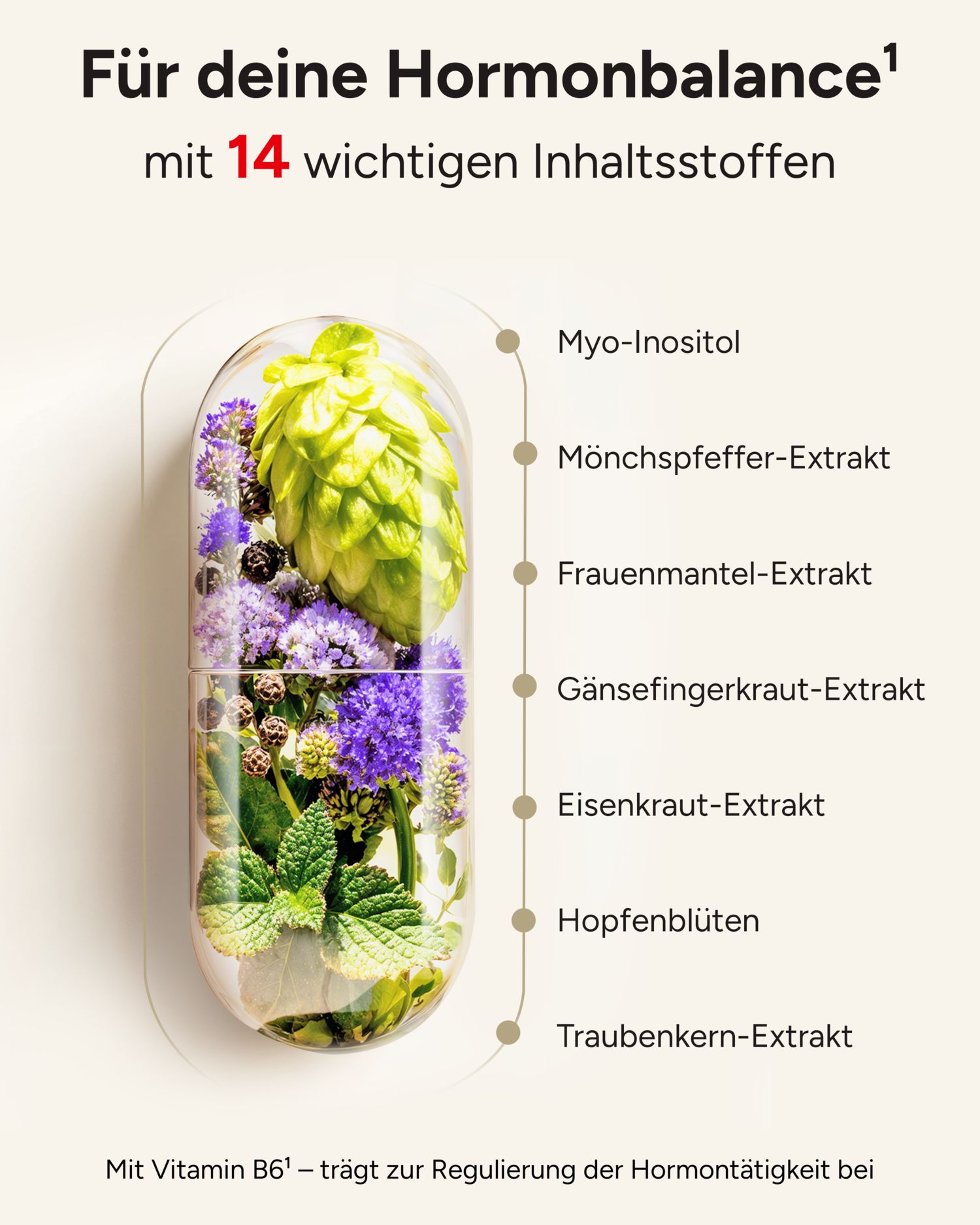 Kapsel mit Inhaltsstoffen: Myo-Inositol, Mönchspfeffer, Frauenmantel, Gänsefingerkraut, Eisenkraut, Hopfenblüten, Traubenkern-Extrakt.