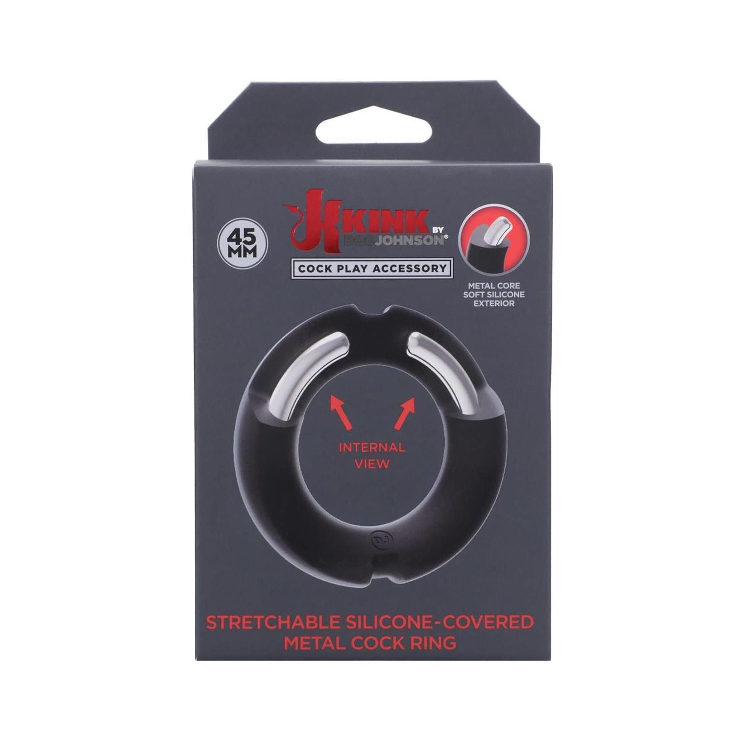 Schwarzer Silikon-Cockring mit Metallkern, in Verpackung. Marke: JK Kink by Doc Johnson. 45 mm. Text: Stretchable Silicone-Covered Metal Cock Ring.
