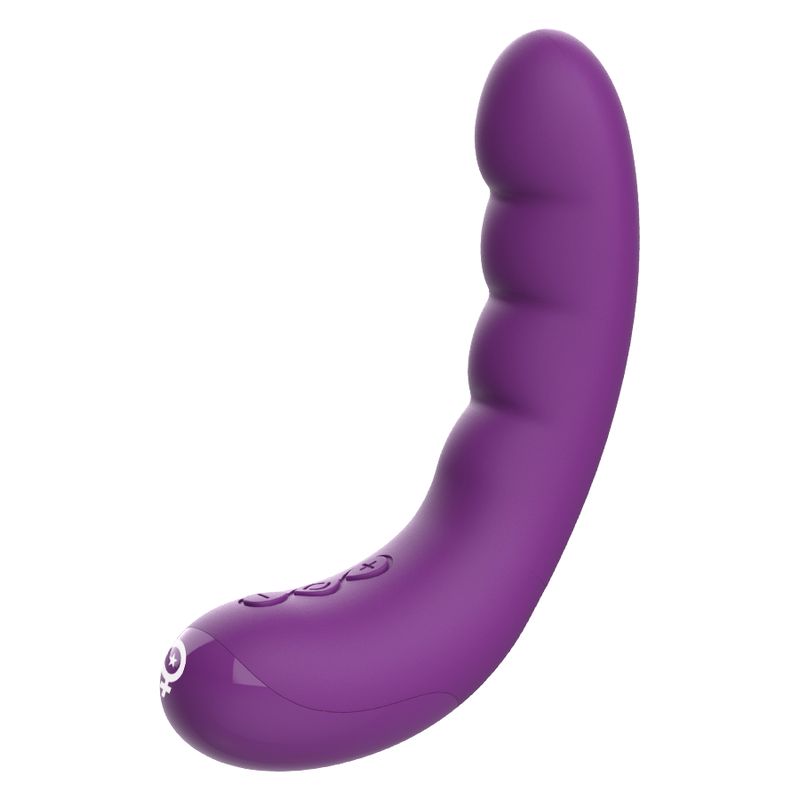 Lila Vibrator mit abgerundeter Form und Bedienknöpfen.