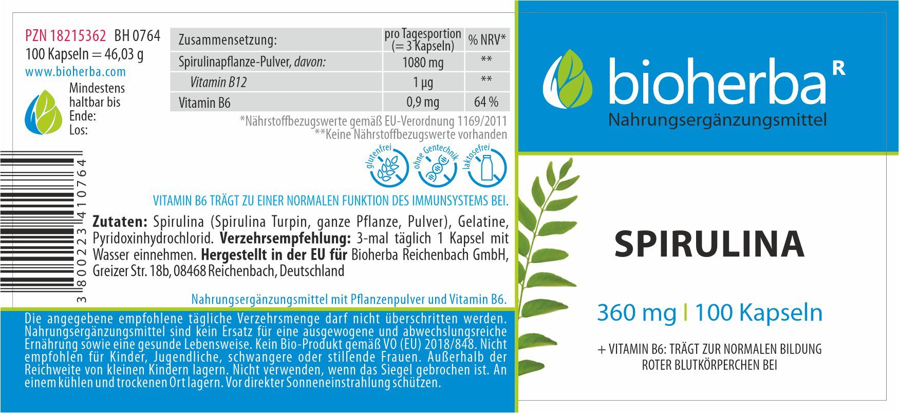 Produktetikett mit Text: Spirulina, 360 mg | 100 Kapseln. Zutaten, Verzehrempfehlung. Logo Bioherba.
