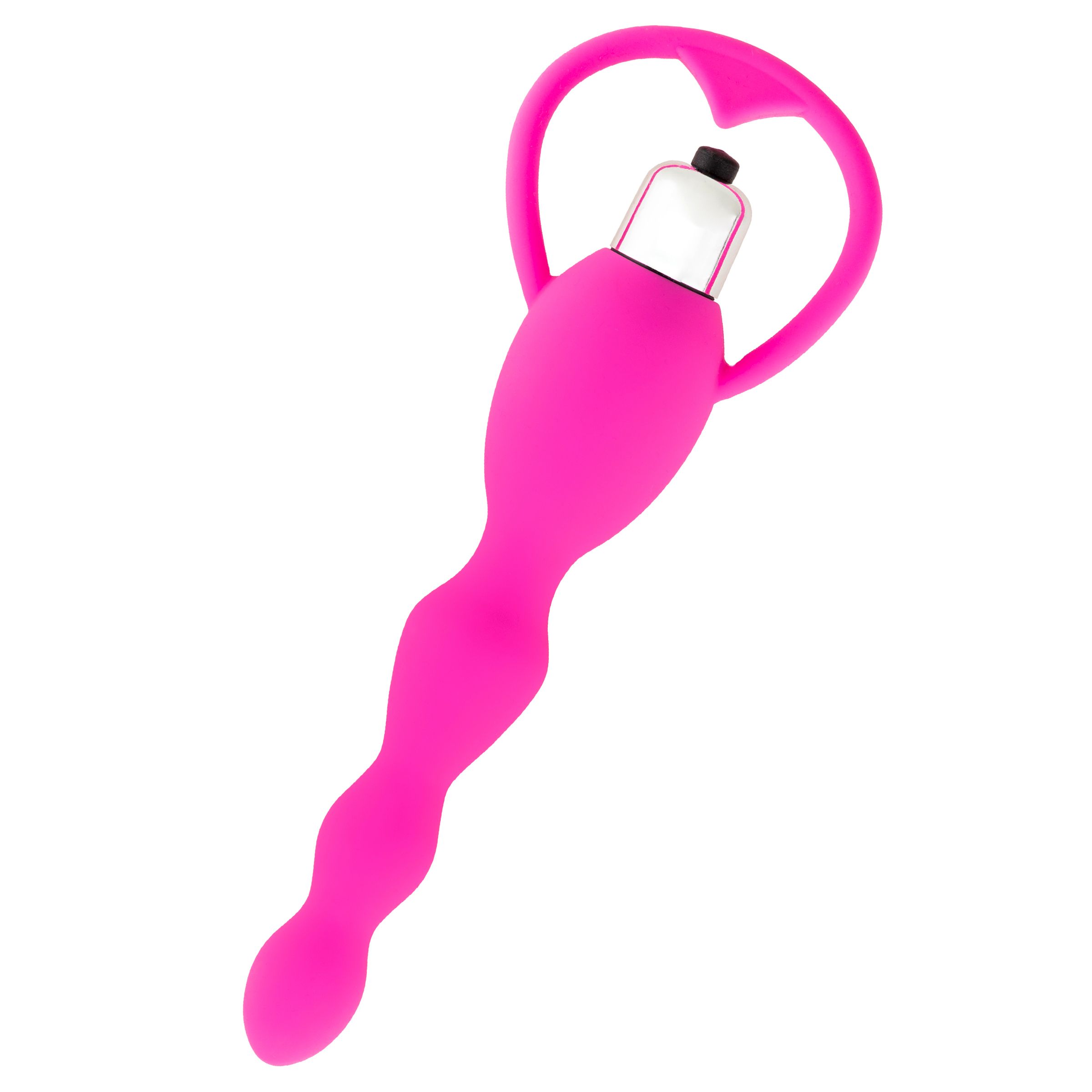 Rosa Vibrator mit wellenförmigem Schaft und herzförmigem Griff. Oberteil mit silberfarbenem Element.