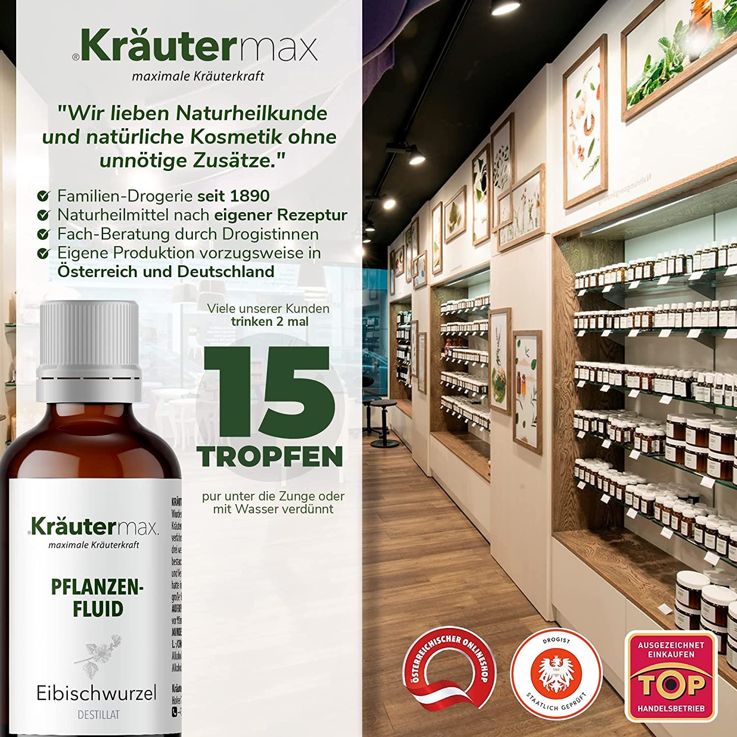 Braune Glasflasche mit weißem Deckel und Etikett. Text: Kräutermax, Pflanzenfluid, Eibischwurzel. Produkt in Apothekenumgebung.