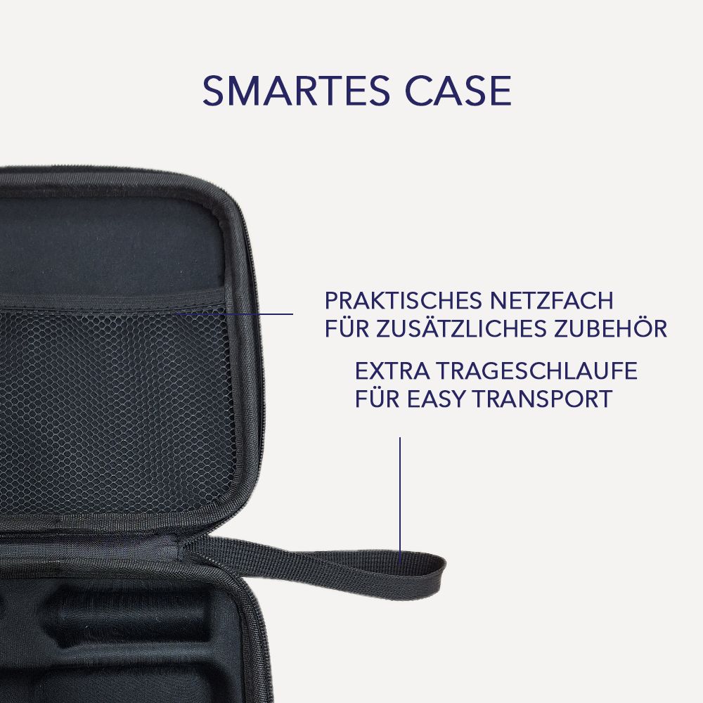Schwarzes Etui mit Netzfach und Trageschlaufe. Aufschrift: SMARTES CASE. PRAKTISCHES NETZFACH FÜR ZUSÄTZLICHES ZUBEHÖR. EXTRA TRAGESCHLAUFE FÜR EASY TRANSPORT.