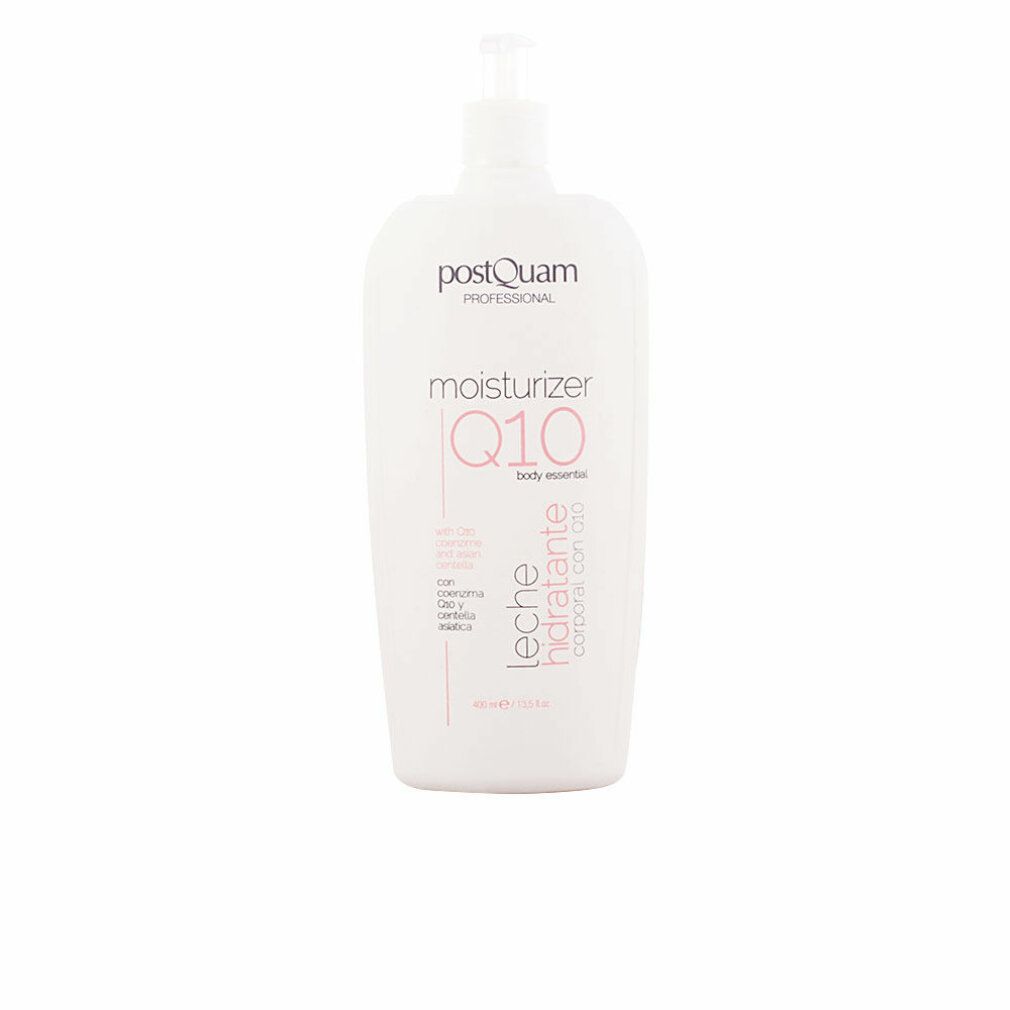 Weiße Flasche mit Pumpe. Aufschrift: POSTQUAM, moisturizer Q10, leche hidratante. Produkt für Körperpflege.