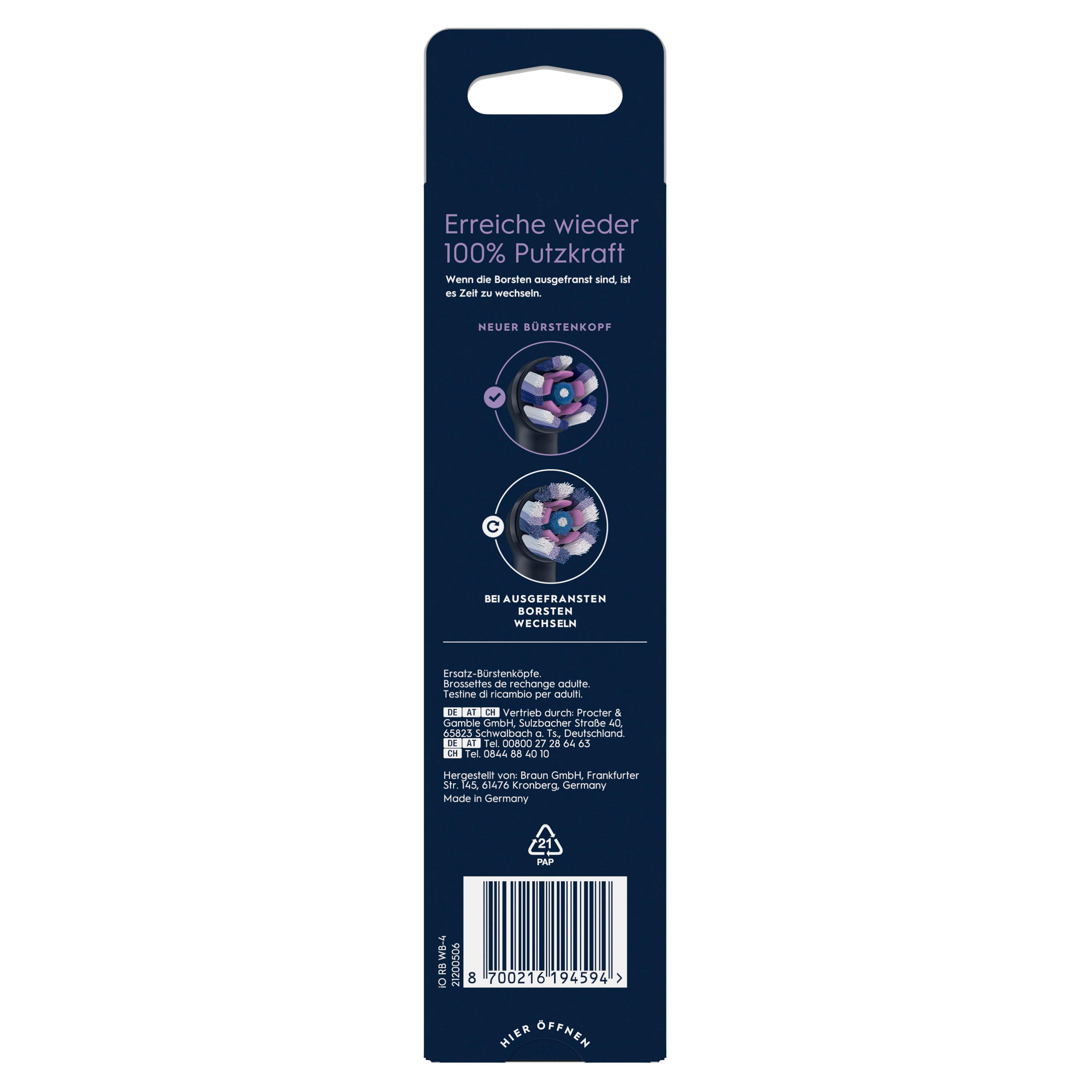 Rückseite der Oral-B iO Aufsteckbürsten Verpackung. Informationen zu Bürstenkopfwechsel und Putzkraft.