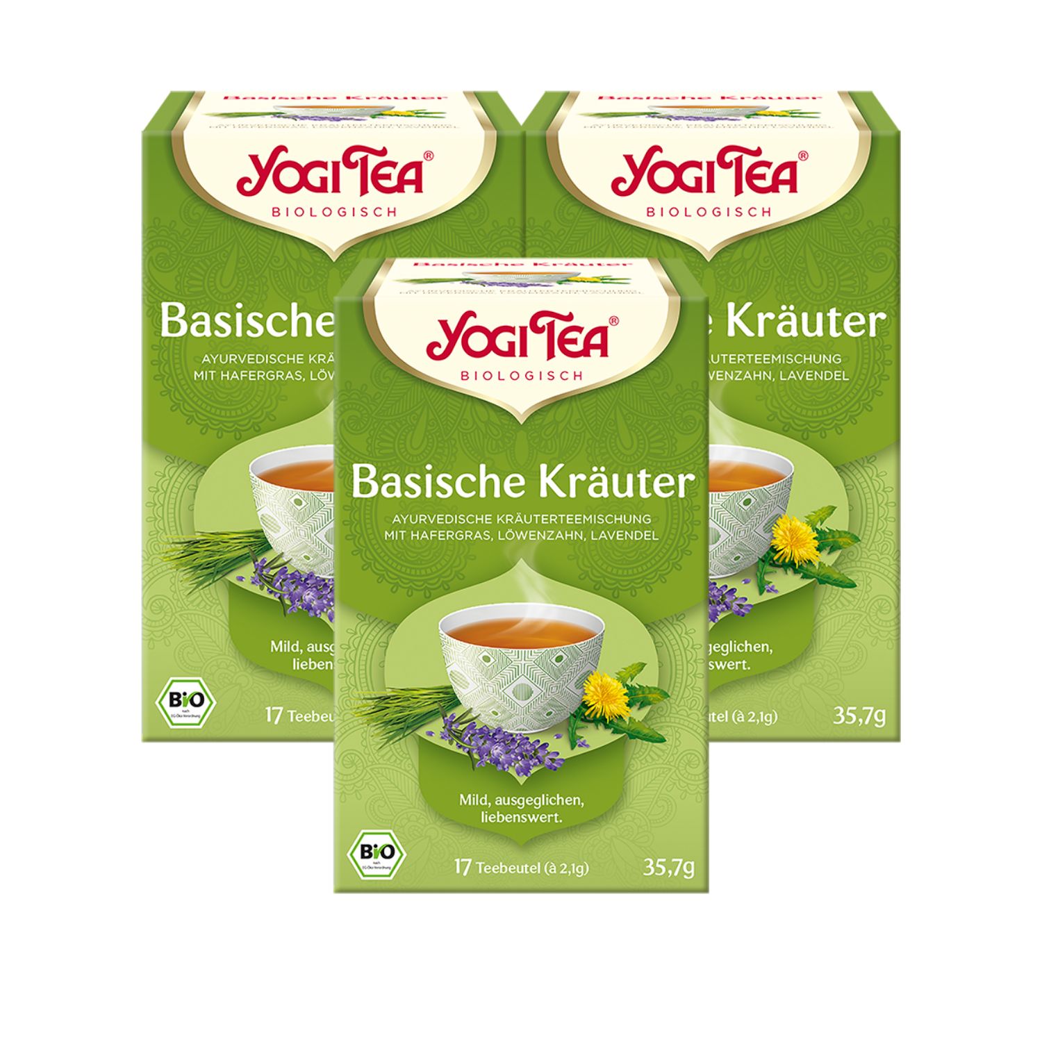 Mehrere grüne Kartons mit Yogi Tea Basische Kräuter. Aufdruck: ayurvedische Kräutermischung, 17 Teebeutel, Bio-Siegel.
