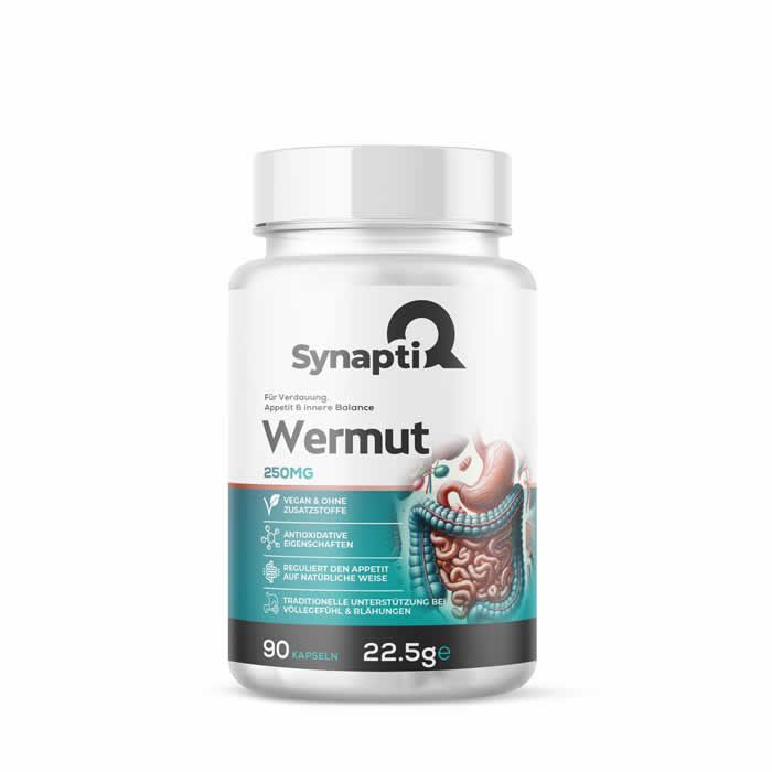 Weiße Flasche mit Kapseln. Aufschrift SynaptiQ Wermut, 250mg. Illustration des Verdauungstrakts. 90 Kapseln, 22.5g.
