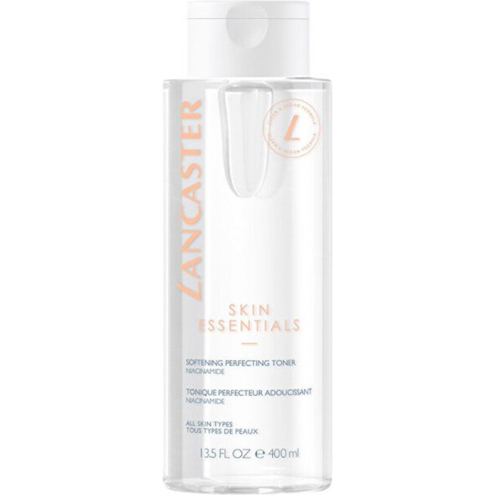 Transparente Flasche mit weißem Deckel. Aufschrift: Lancaster, Skin Essentials, Softening Perfecting Toner. Logo 'L'.