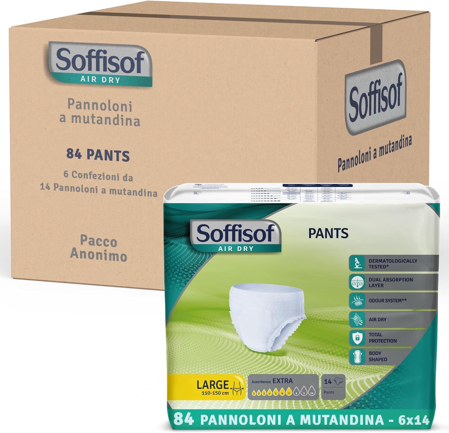 Soffisof Pants Extra incontinentiebroekjes. Doos met verpakkingen. Productverpakking met kenmerken.