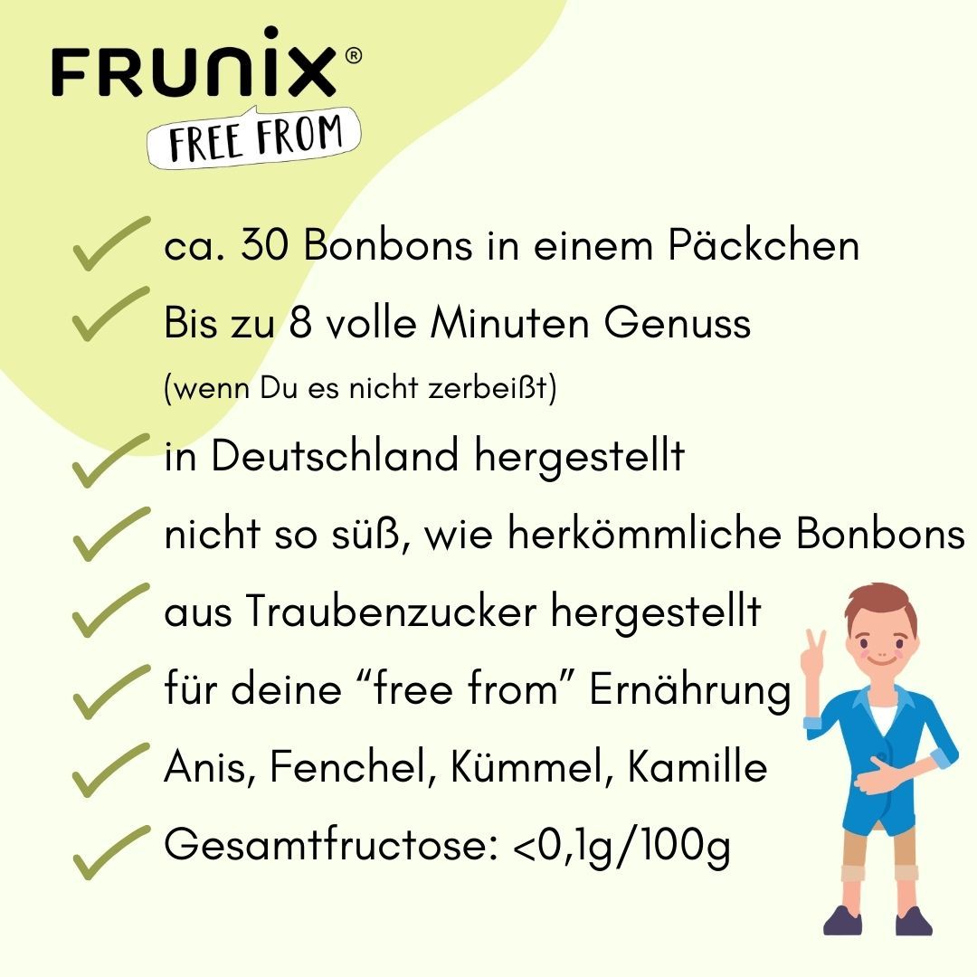 Liste mit Vorteilen von FRUNIX® Bonbons: ca. 30 Bonbons, bis zu 8 Minuten Genuss, hergestellt in Deutschland, etc. Illustrationen.