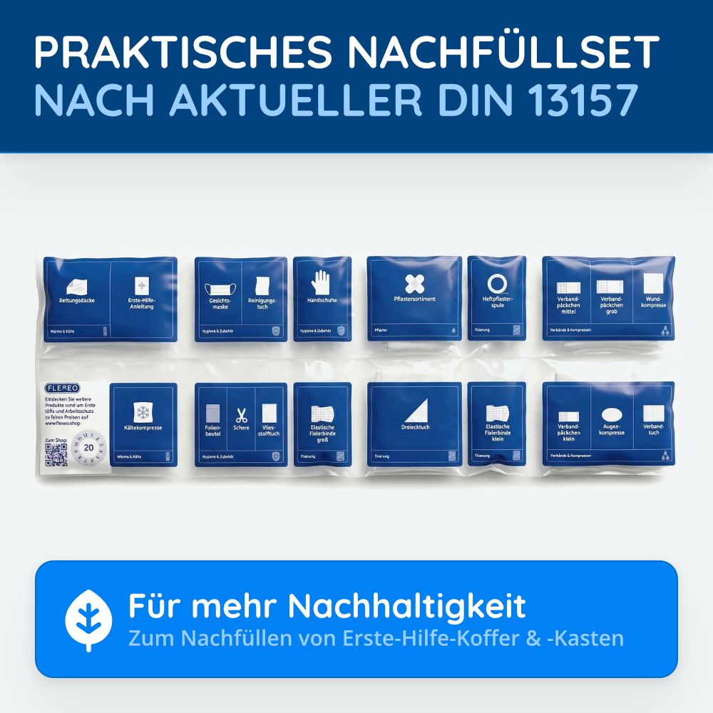 Nachfüllset mit einzeln verpackten Erste-Hilfe-Materialien. Blaue Verpackungen mit Piktogrammen. Text: Praktisches Nachfüllset nach DIN 13157.