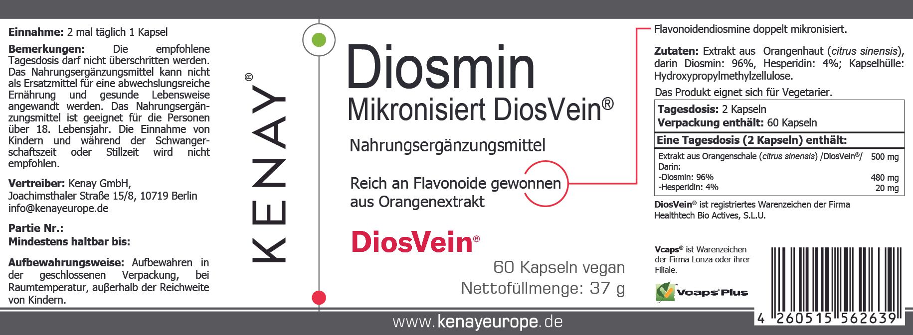 Diosmin Mikronisiert DiosVein® KENAY®-Verpackung. Enthält 60 Kapseln. Text: Nahrungsergänzungsmittel, reich an Flavonoiden. Vegan.