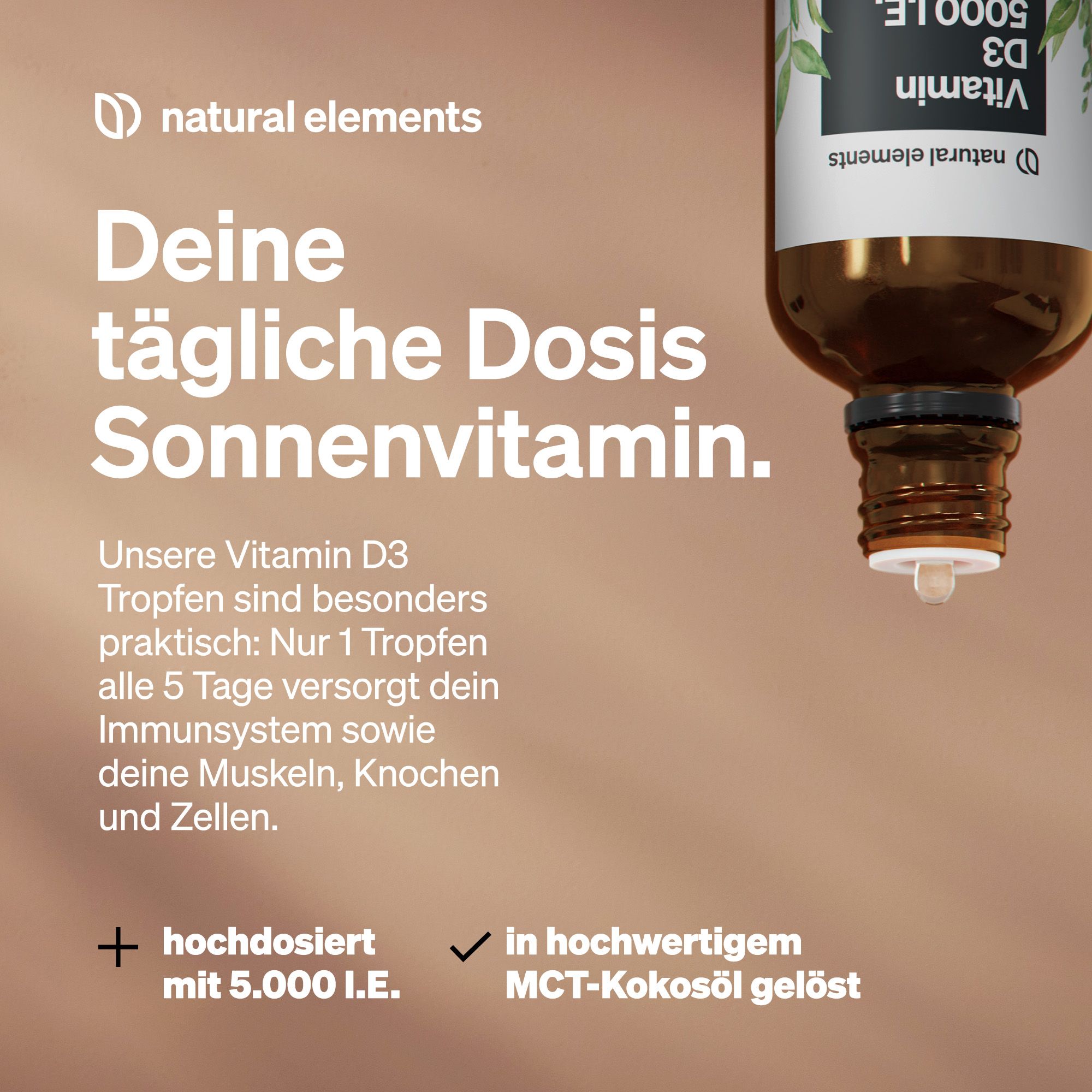 natural elements Vitamin D3 - Laborgeprüfte 5000 I.E./Tropfen - 50ml 1700 Tropfen - MCT-Öl aus Kokos