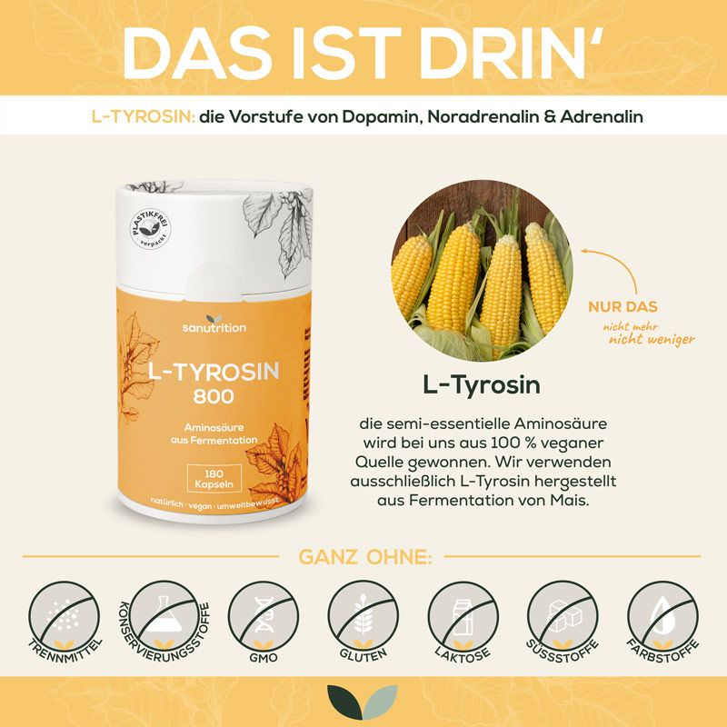 Infografik mit Sanutrition L-Tyrosin 800. Dose, Maiskolben, Text: L-Tyrosin, Aminosäure aus Mais. Ohne Zusatzstoffe.