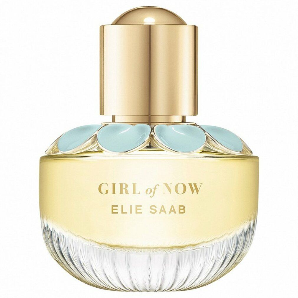 Elie Saab Girl of Now Eau de Parfum. Rundlicher Flakon mit goldfarbenem Verschluss. Hellblaue Blütenblätter am Hals. Text: GIRL of NOW, ELIE SAAB.