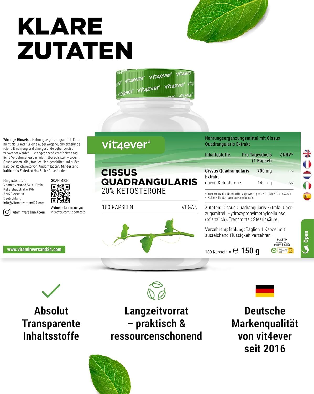 Vit4ever Cissus Quadrangularis Intenso Kapseln mit Nährwertangaben und Flagge.