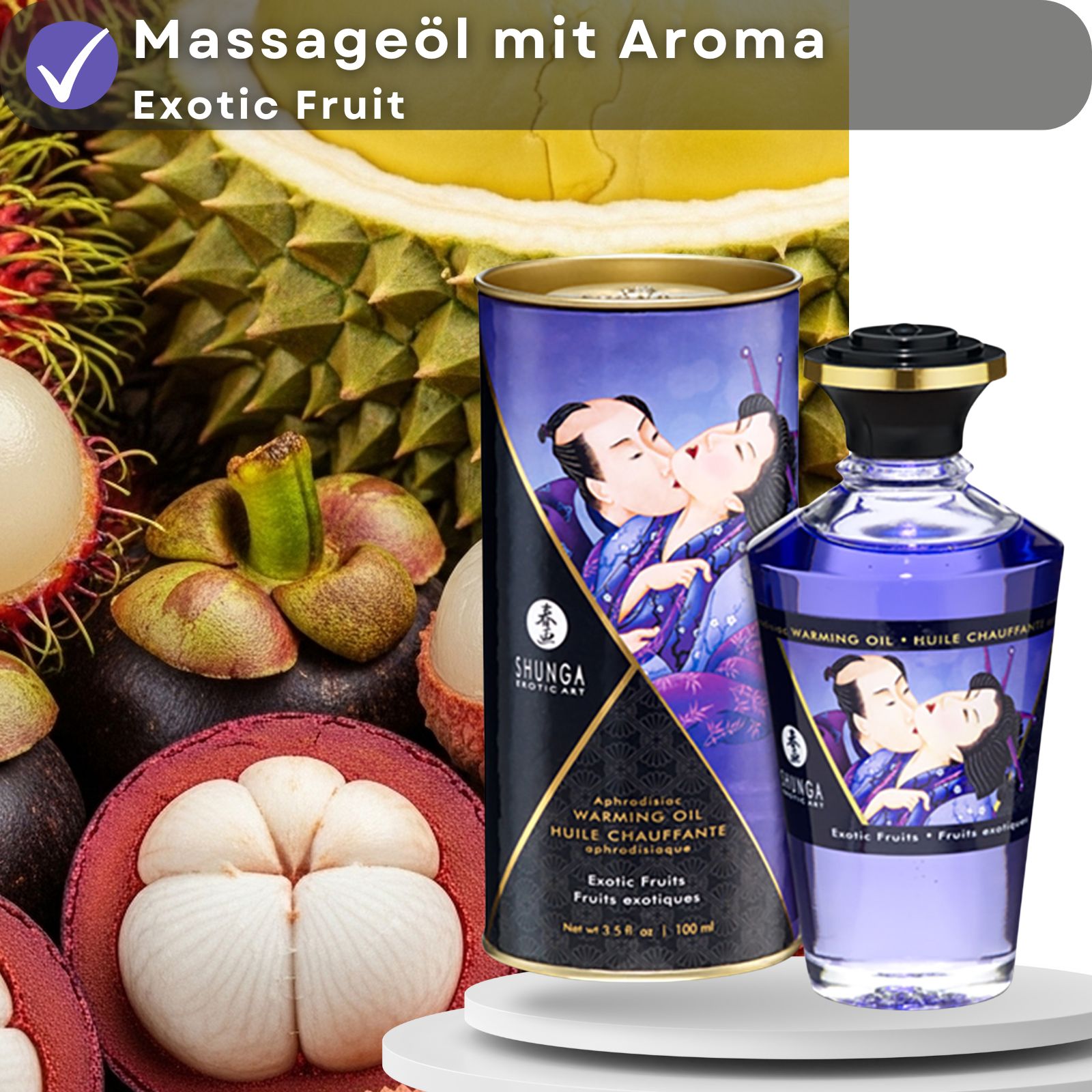 Produkt mit exotischen Früchten und Text: Massageöl mit Aroma Exotic Fruit. Flasche und Dose mit Etikett. Abbildung: küssendes Paar.