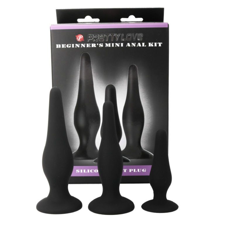 Schwarzes Anal-Kit mit drei Silikon-Butt-Plugs. Verpackung mit Produktnamen und Logo. Verschiedene Größen.