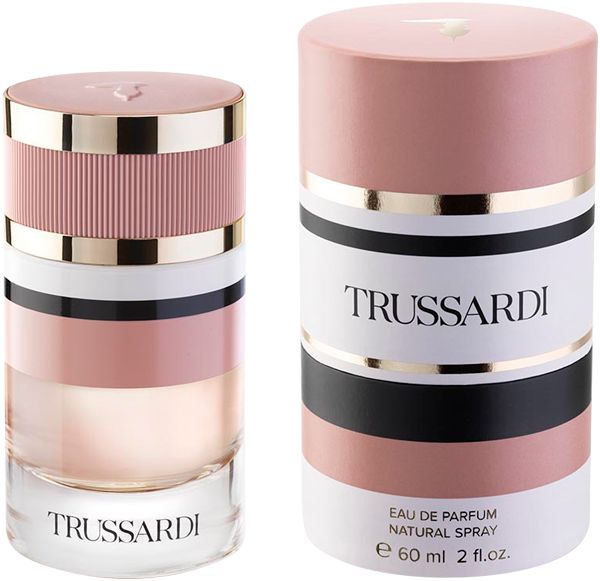 Parfümflakon und Verpackung. Flakon zylindrisch, mehrfarbig. Verpackung zylindrisch, rosa, schwarz, weiß. Schriftzug Trussardi.