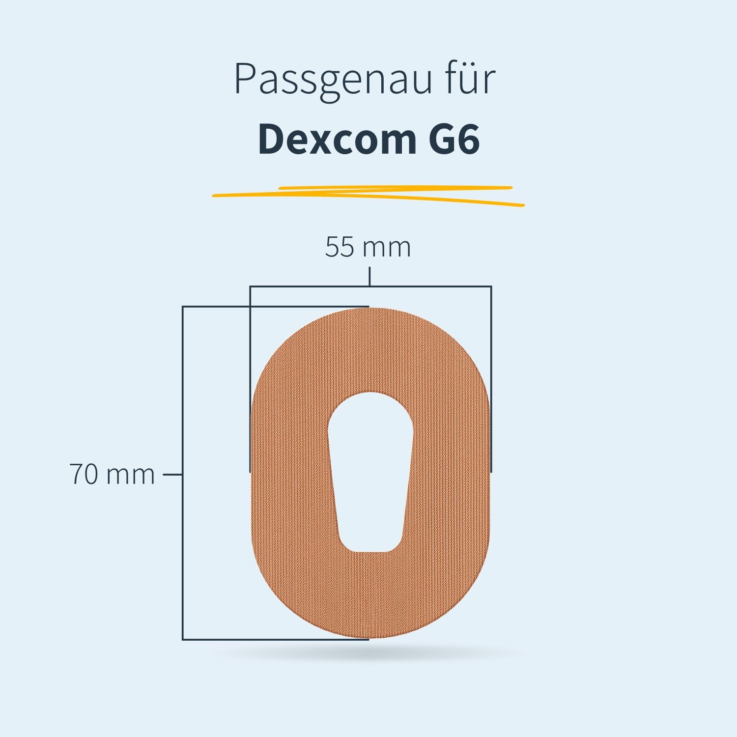 Beiges Pflaster mit Aussparung, Maße: 70 x 55 mm. Text: Passgenau für Dexcom G6.
