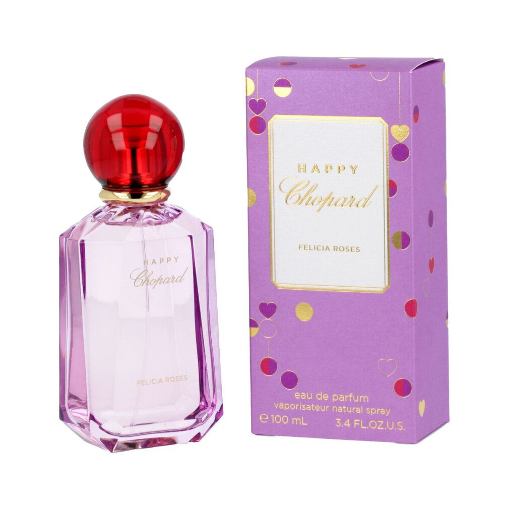 Rosa Flakon mit Verpackung. Aufschrift: Happy Chopard Felicia Roses. Verpackung mit Herzen.