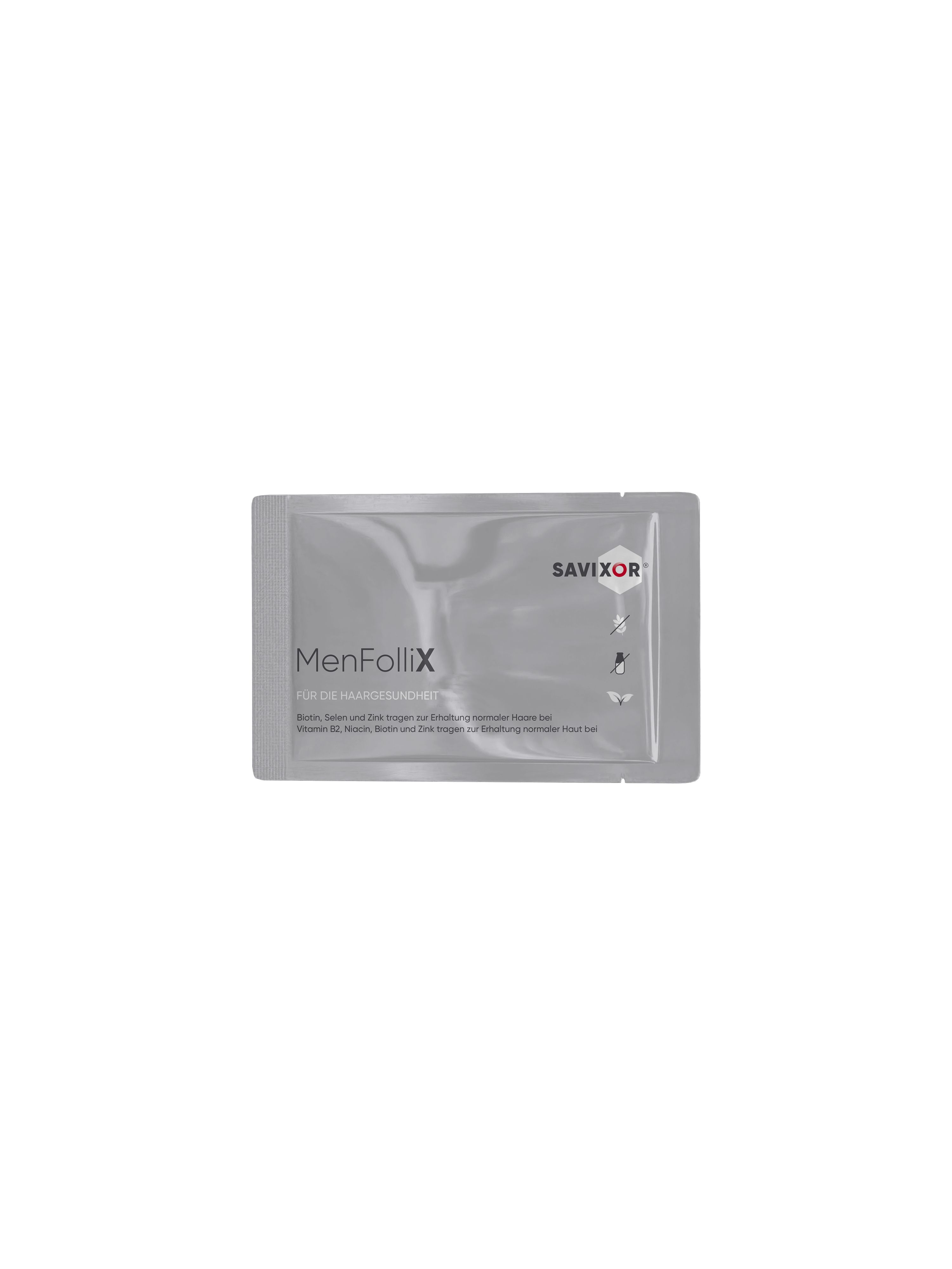 MenFolliX-Sachet. Für die Haargesundheit. Enthält Biotin, Selen, Zink. Savixor-Logo und Symbole.