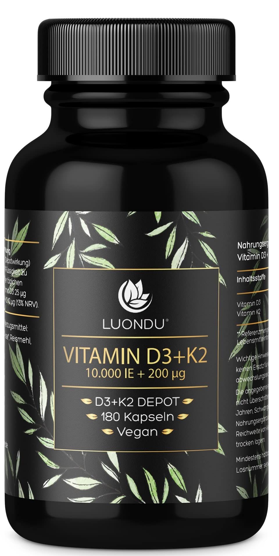 Vitamin D3 K2 Hochdosiert - 180 Kapseln - 10000 IE - Luondu®