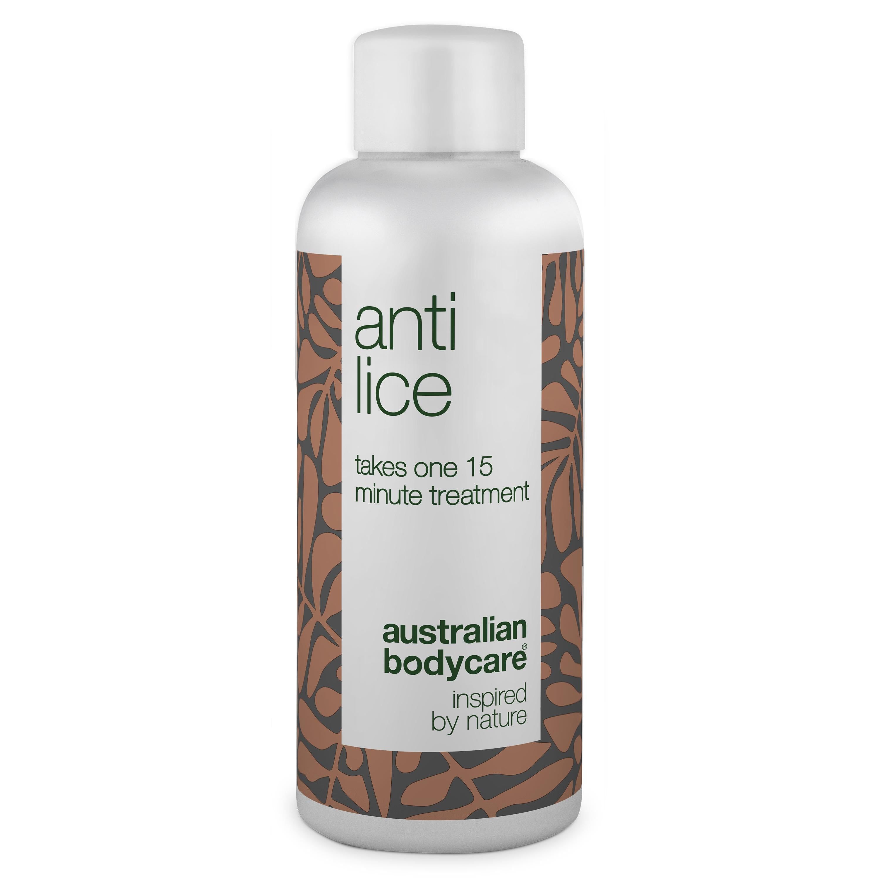 Weiße Flasche mit „Anti Lice“-Aufdruck. Braunes Muster. „Australian Bodycare“ Logo. Weißer Deckel.