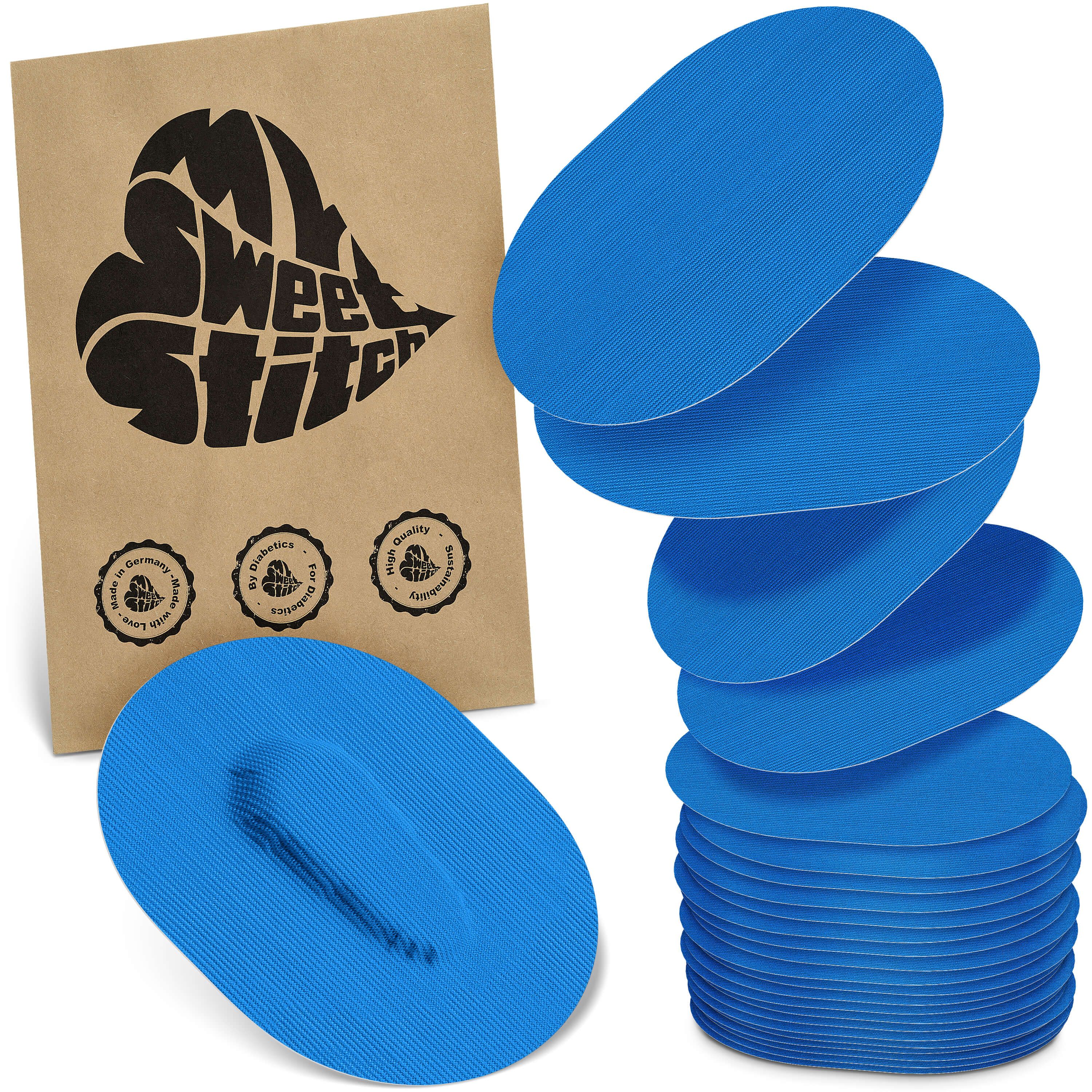 Blaue, ovale Pflaster. Eine Packung mit Logo und Siegeln. Stapel von Pflastern. Braune Verpackung mit Logo.